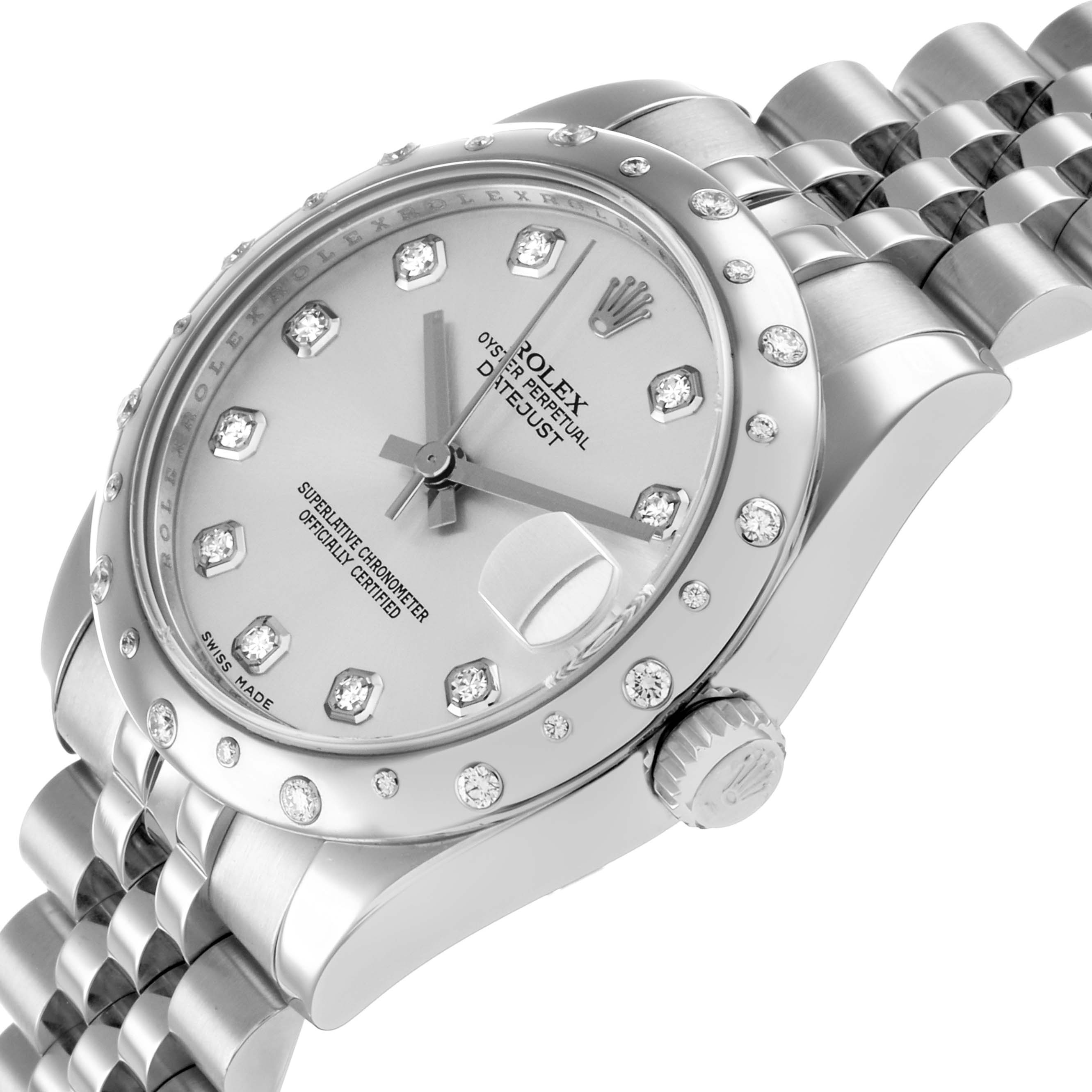 The Rolex Mid-Size 178344 Women
s Stainless Steel Silver Dial watch is shown at an angled side view, highlighting its diamond bezel, dial, and Jubilee bracelet.
