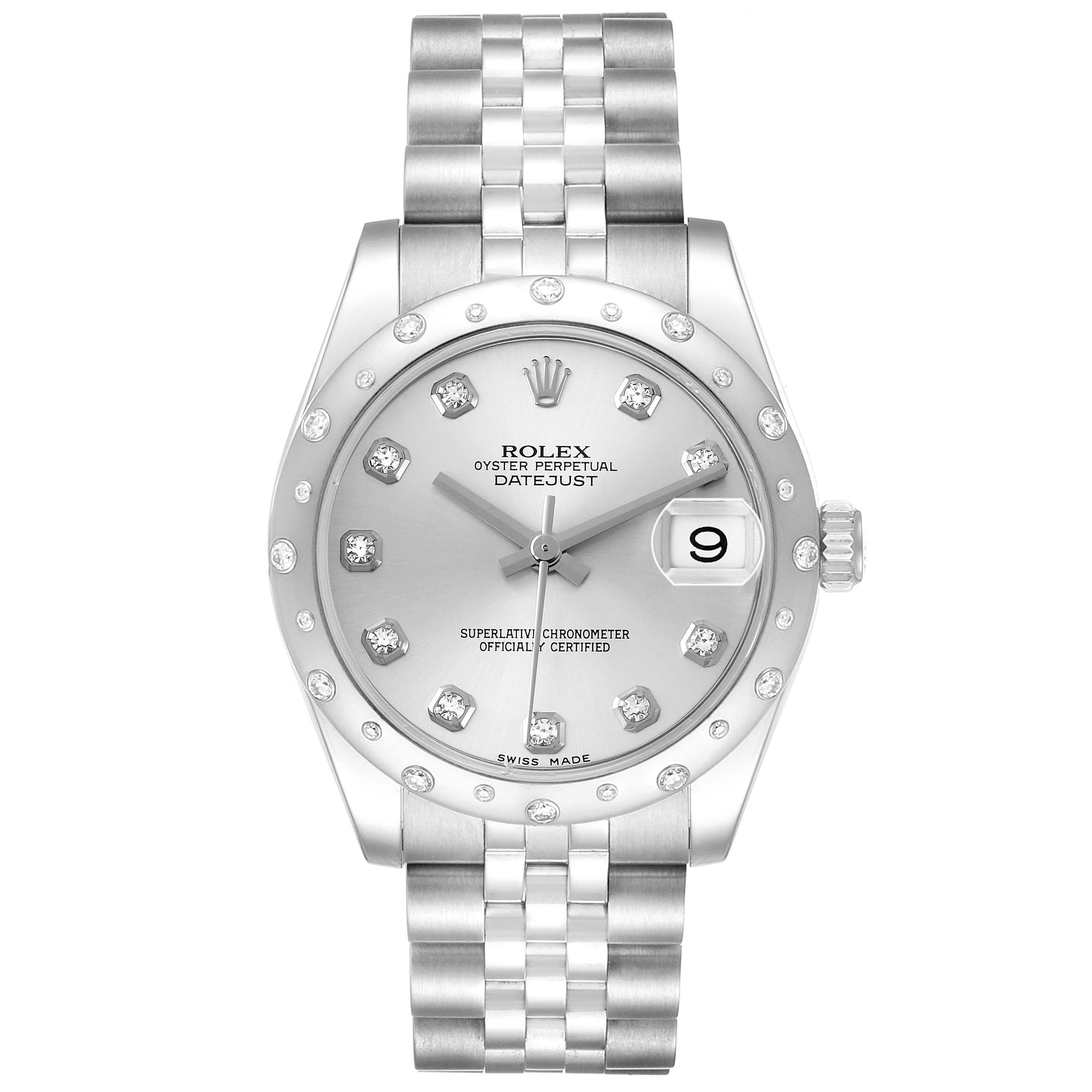 The Rolex Mid-Size 178344 Women
s Stainless Steel Silver Dial Datejust is shown from the front, displaying the dial, bezel, and bracelet.