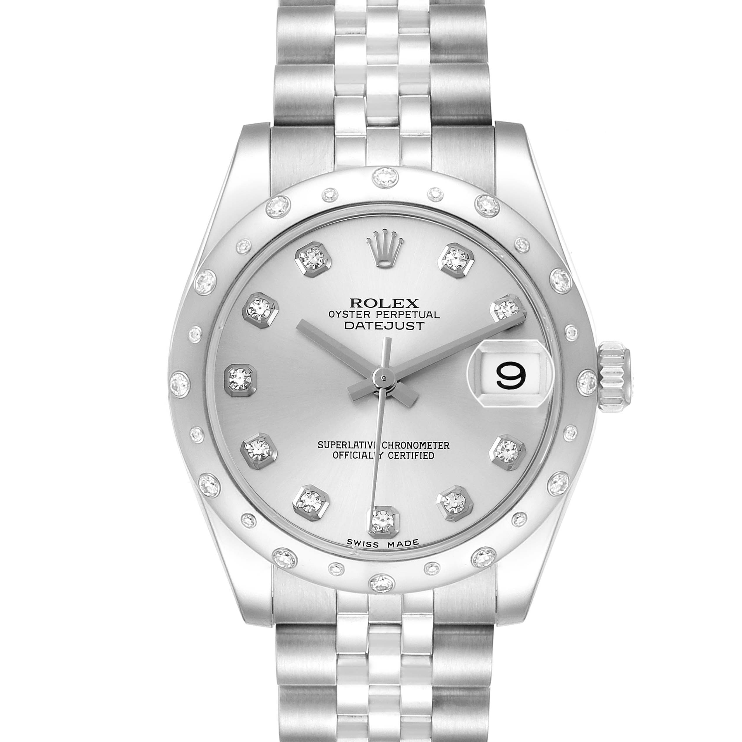 The Rolex Datejust Mid-Size watch is shown from the front, displaying the dial, bezel, and Jubilee bracelet.
