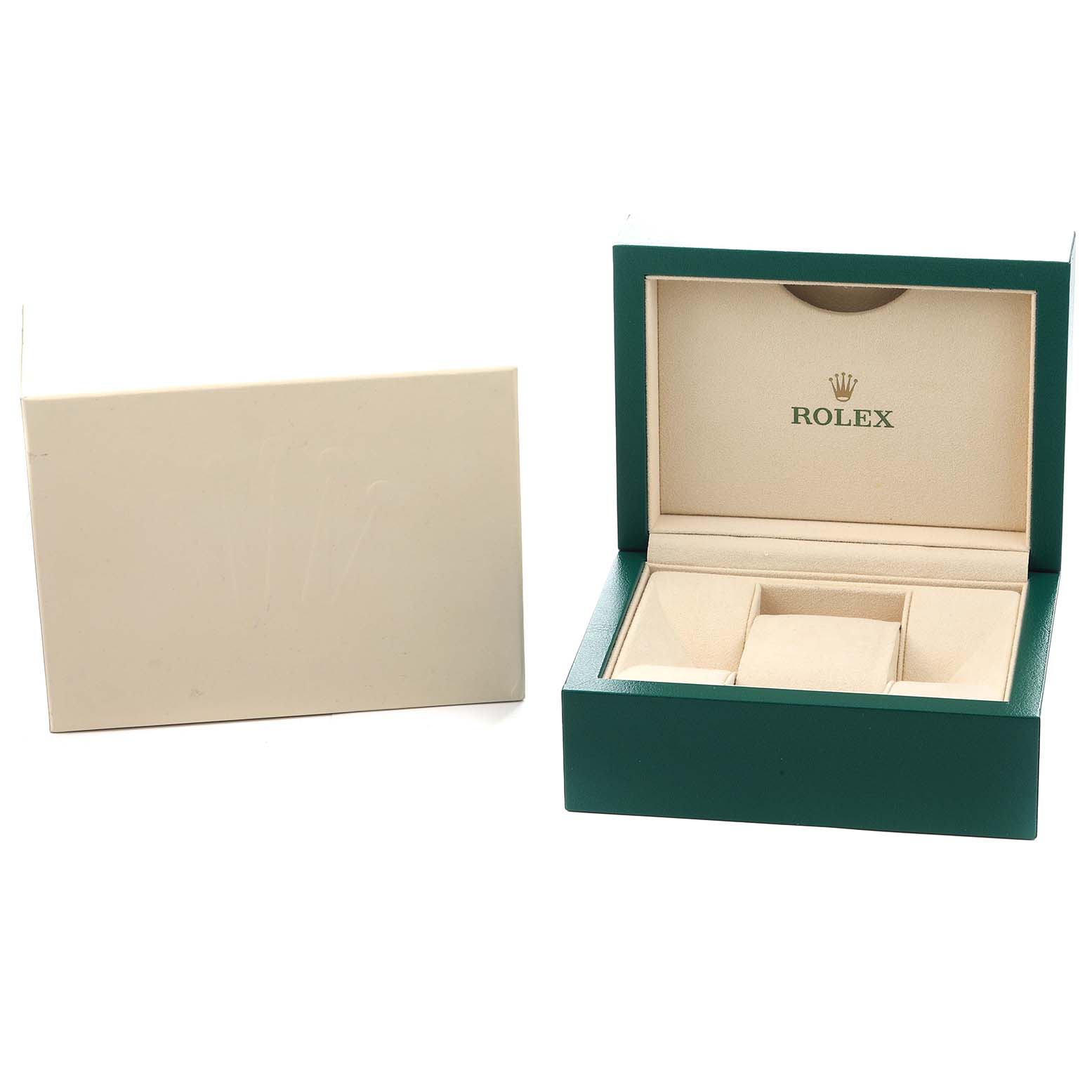 The image shows an empty Rolex Mid-Size 178344 Women
s Stainless Steel Silver Dial watch box at a slight angle with its lid open, displaying the interior.