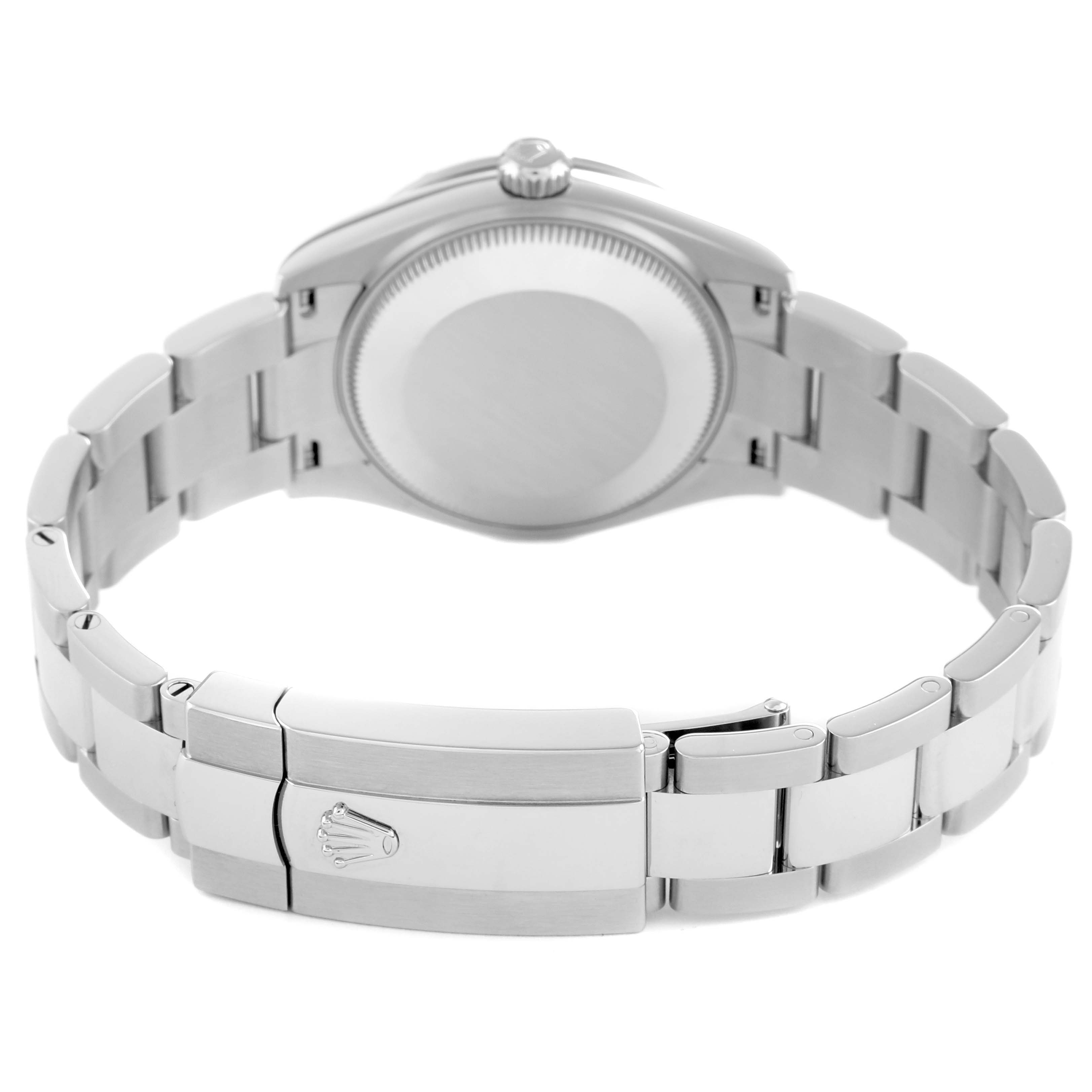 The Rolex Datejust 278344 Women
s Stainless Steel Blue Dial watch is shown from the backside, highlighting the clasp, bracelet, and caseback.