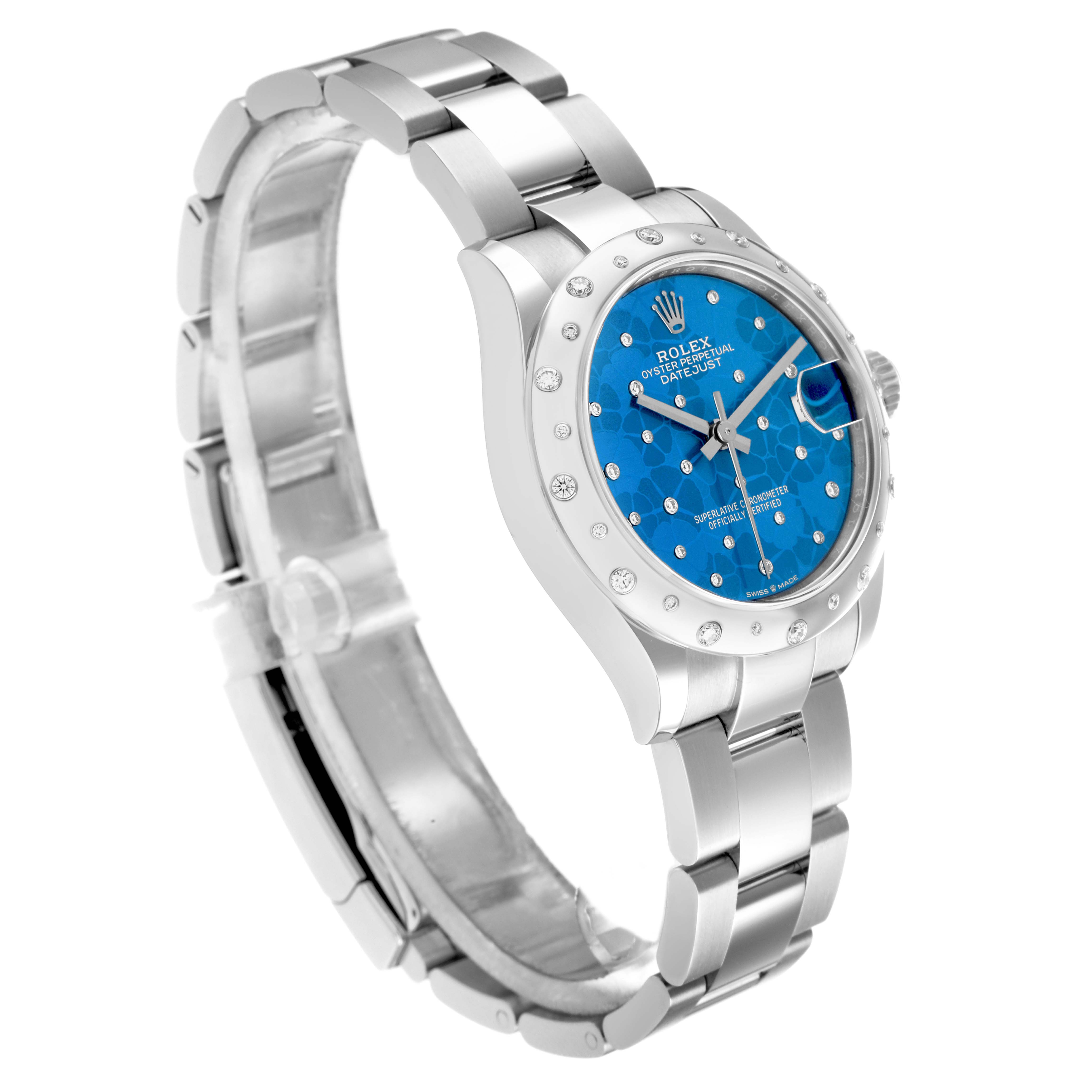 The Rolex Datejust 278344 Women
s Stainless Steel Blue Dial watch is shown from a three-quarter angle, highlighting the blue dial, bezel, and bracelet.