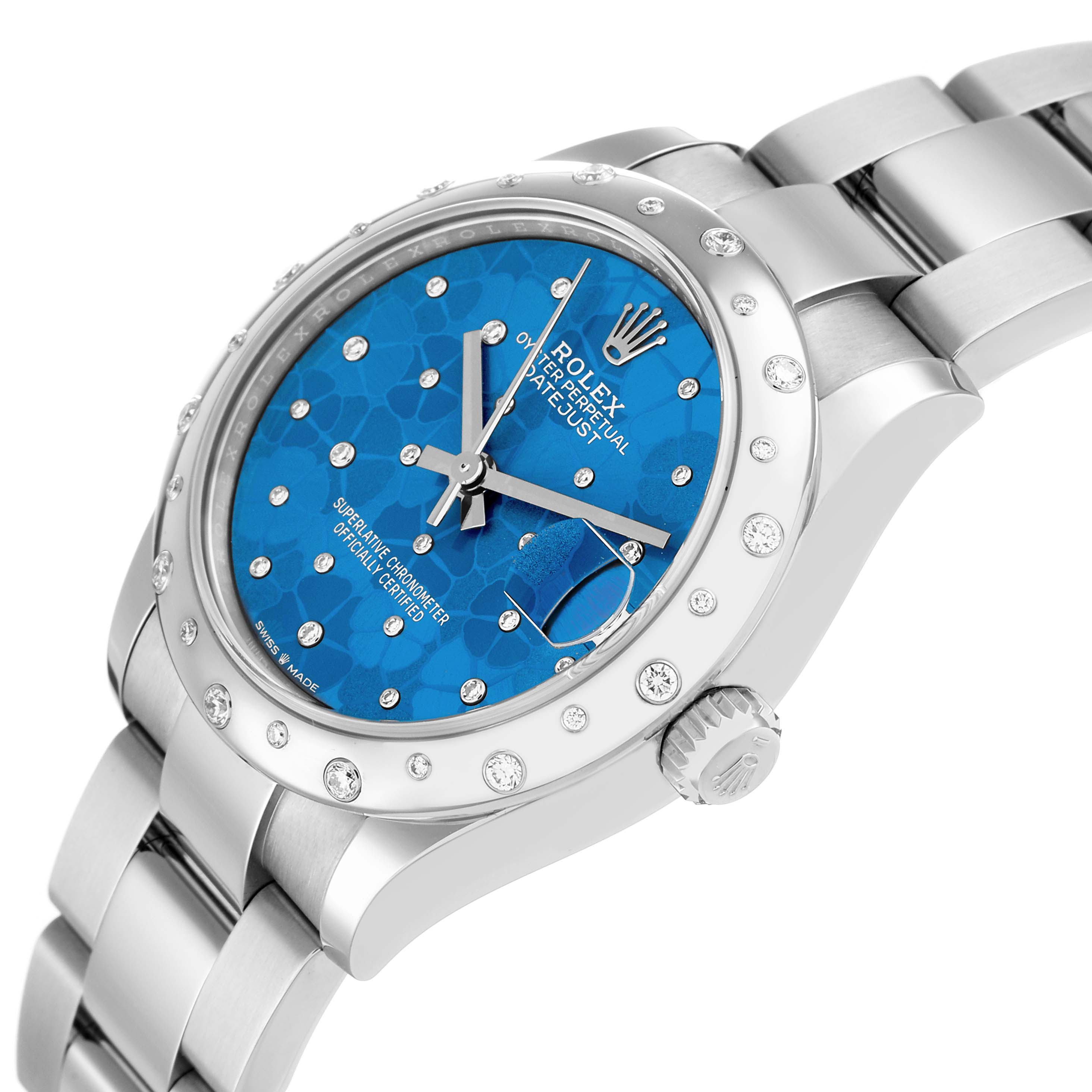 The Rolex Datejust 278344 Women
s Stainless Steel Blue Dial watch is shown at a three-quarter angle, highlighting its blue dial, bezel, crown, and part of the bracelet.