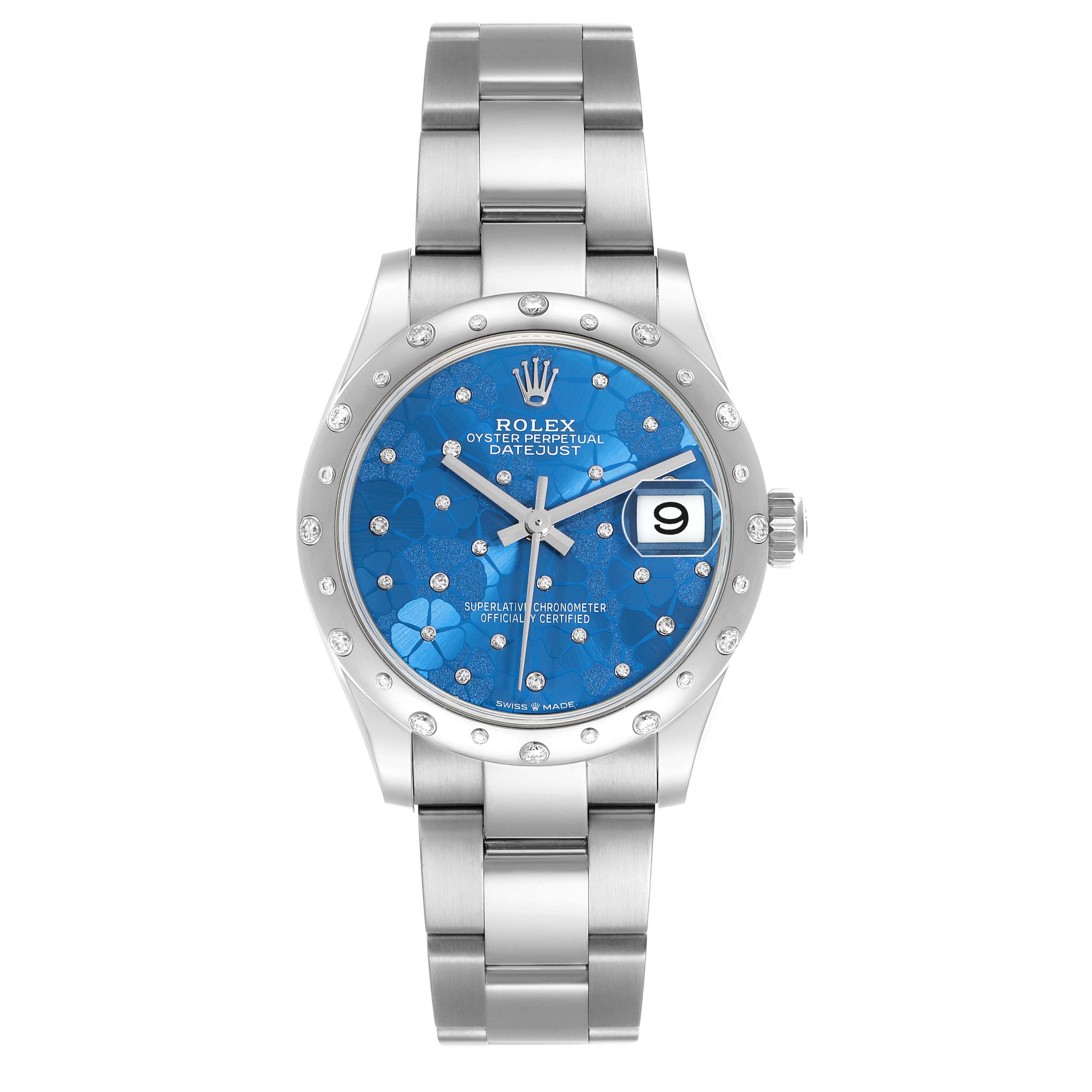 The Rolex Datejust 278344 Women
s Stainless Steel Blue Dial watch is shown from a front angle, featuring its blue dial, diamond markers, bezel, and bracelet.