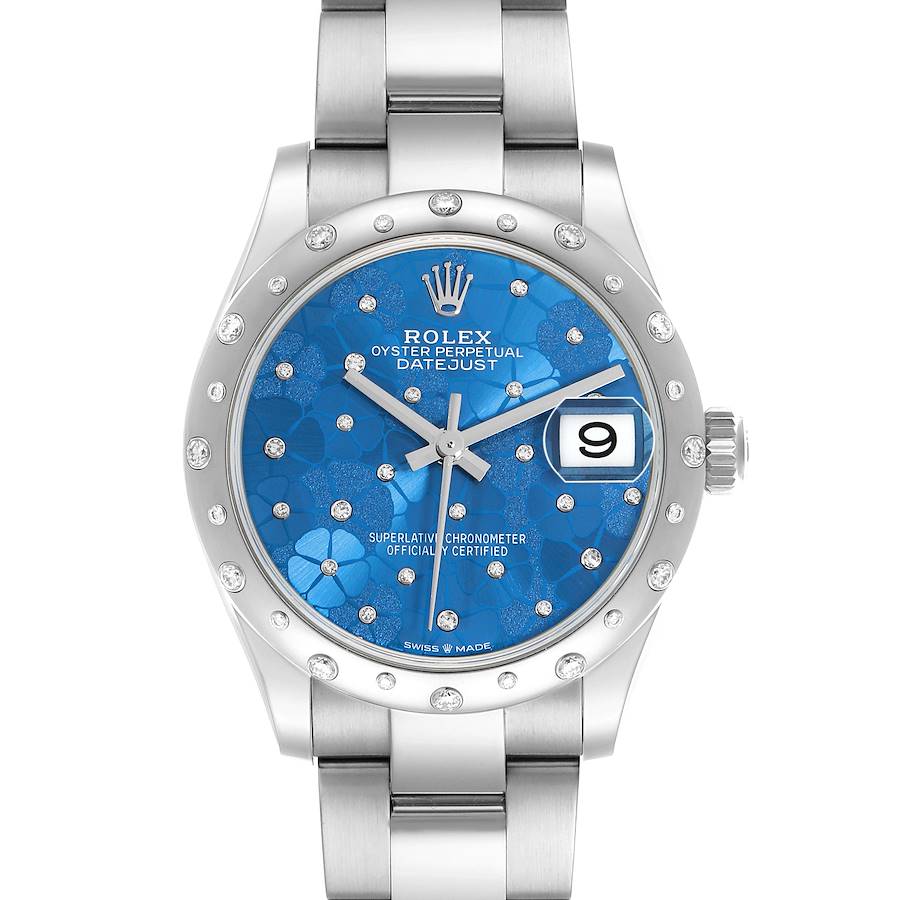 The Rolex Datejust 278344 Women's Stainless Steel Blue Dial watch is shown from the front, highlighting its blue dial, bezel, and bracelet.