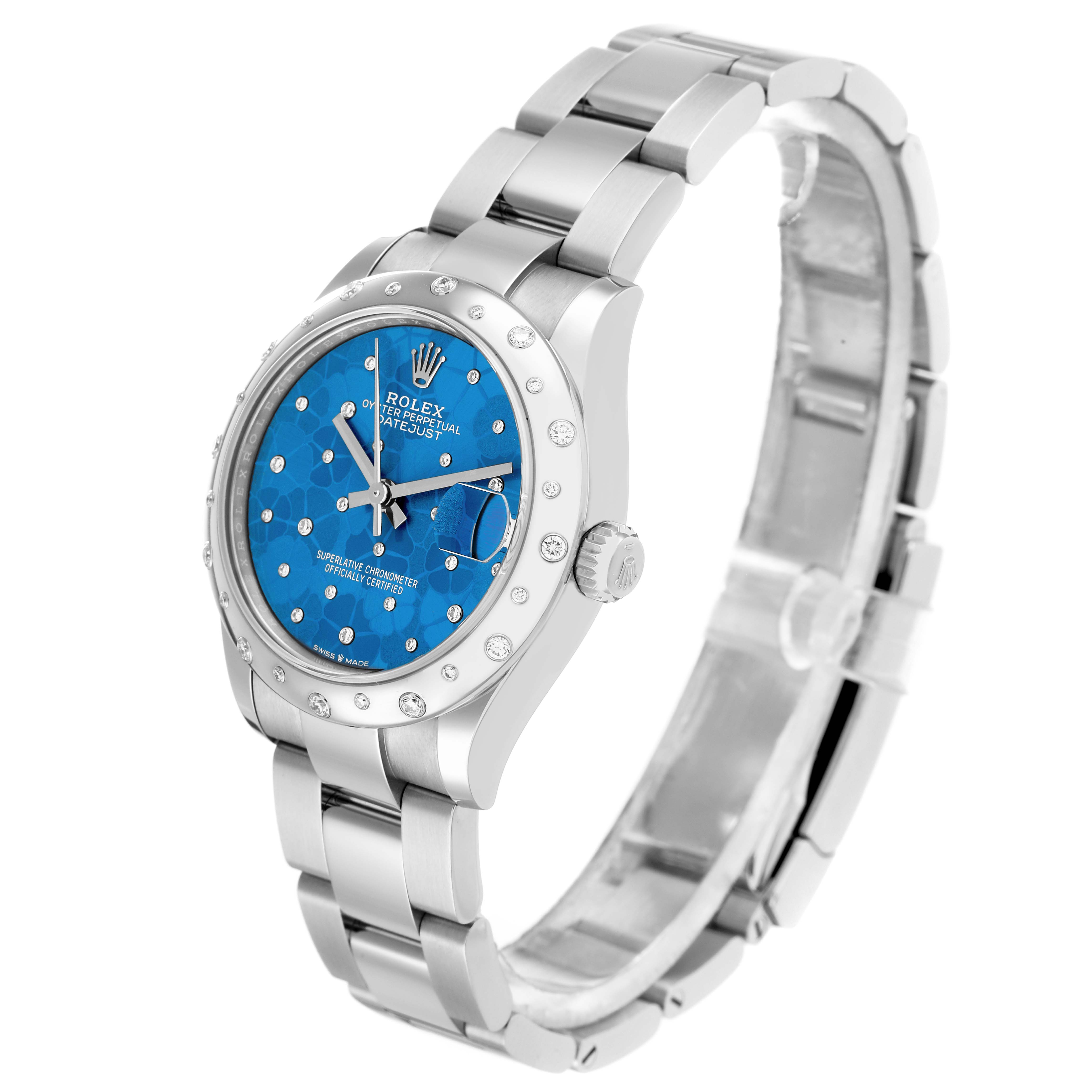 The Rolex Datejust 278344 Women
s Stainless Steel Blue Dial watch is shown from a three-quarter angle, highlighting the blue dial, bezel, crown, and bracelet.