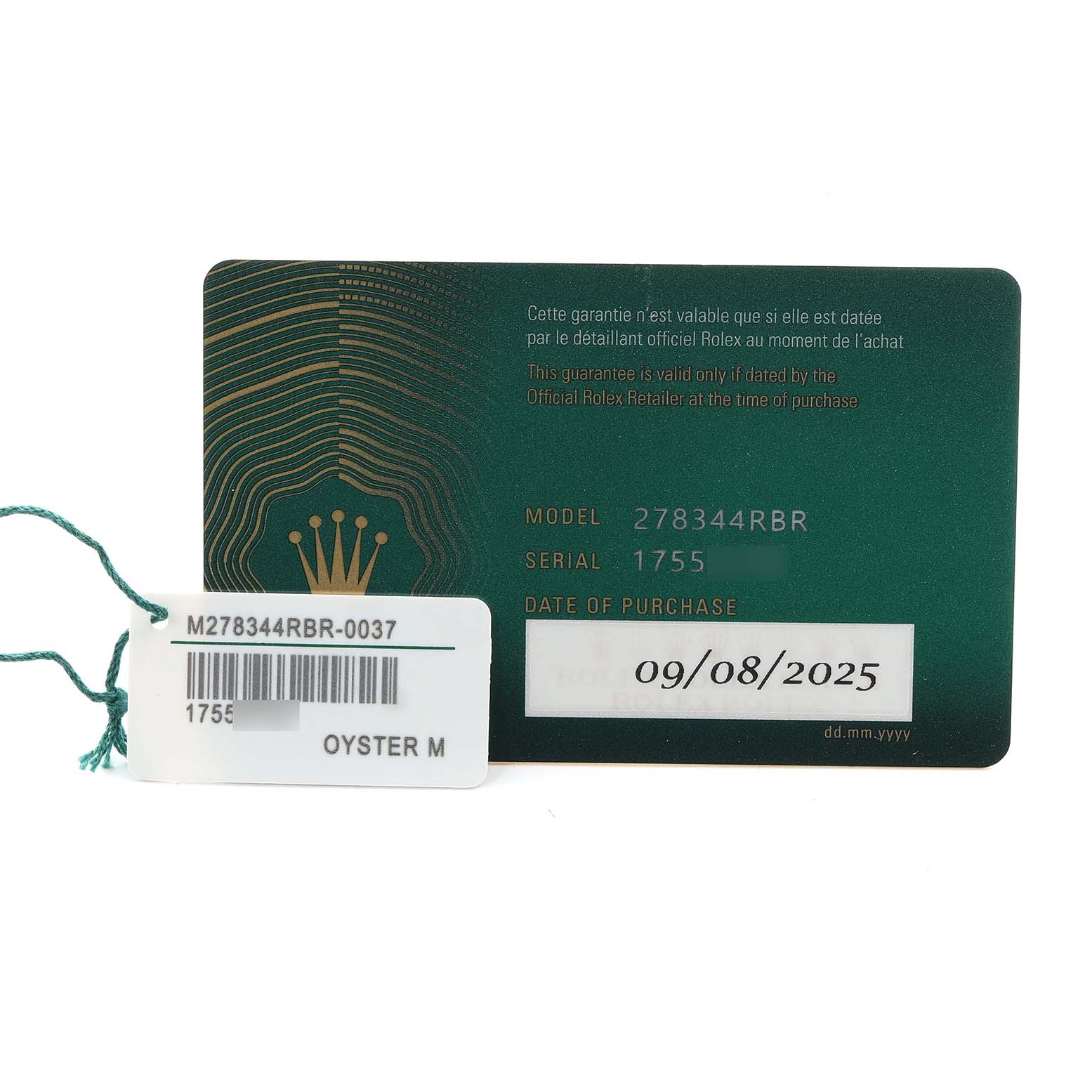 The image shows a warranty card and tag for a Rolex Datejust 278344 Women
s Stainless Steel Blue Dial watch, displaying model and purchase date details.