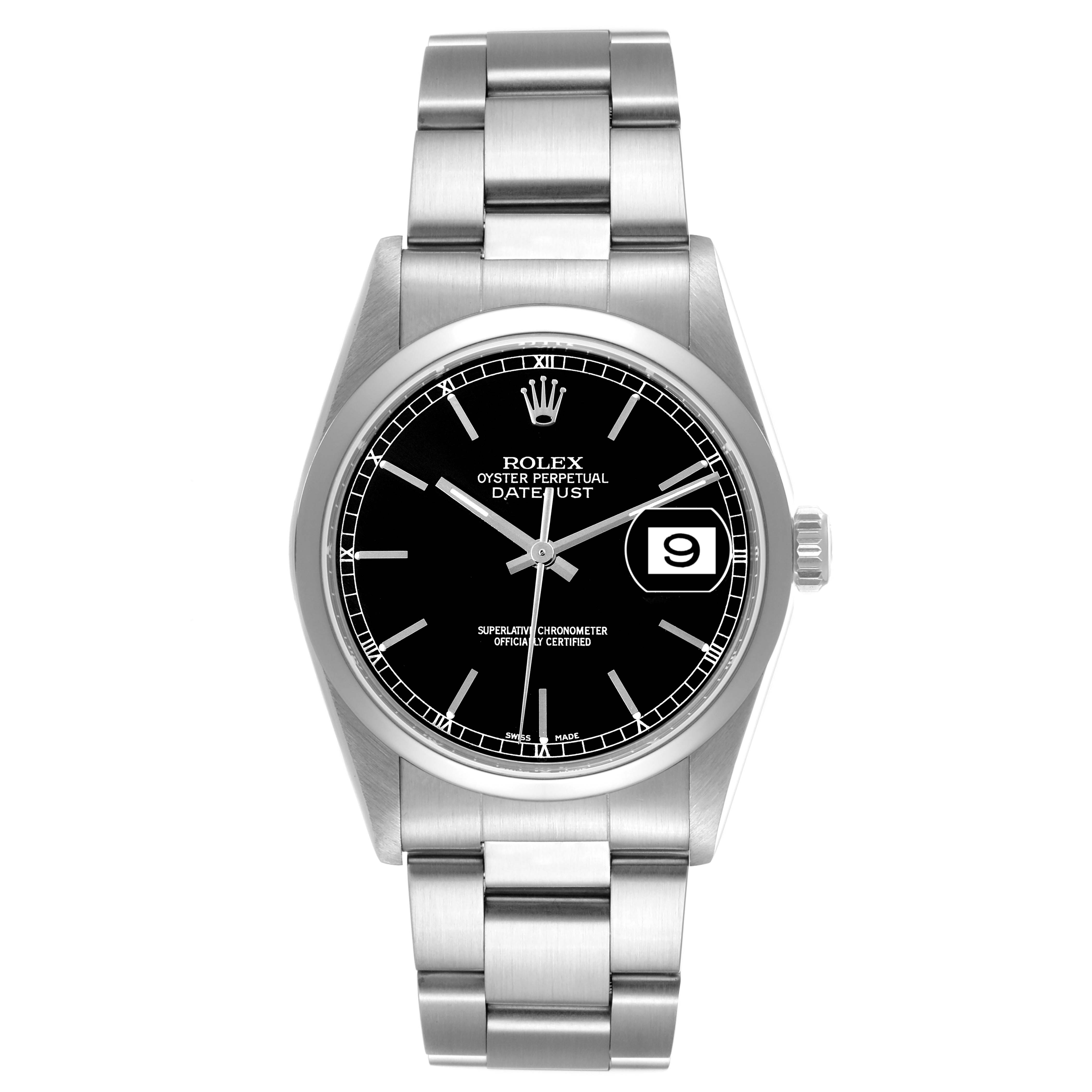 The image shows a front view of a Rolex Datejust 16200 Men's Stainless Steel Black Dial 16200 Men's Stainless Steel Black Dial watch, displaying its black dial, date window, and metal bracelet.