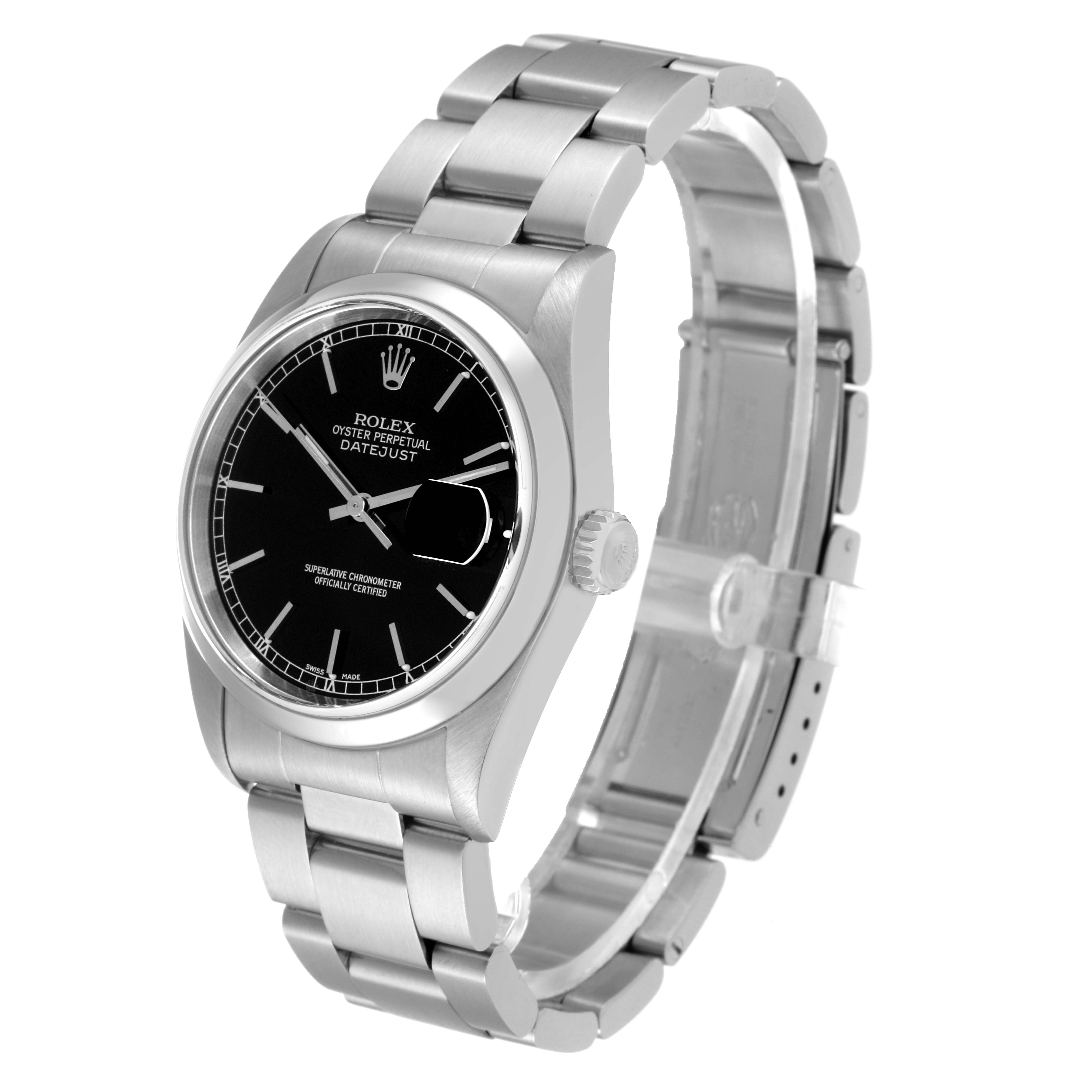 The Rolex Datejust 16200 Men's Stainless Steel Black Dial 16200 Men's Stainless Steel Black Dial watch is shown at an angle displaying the face, bezel, crown, and bracelet.