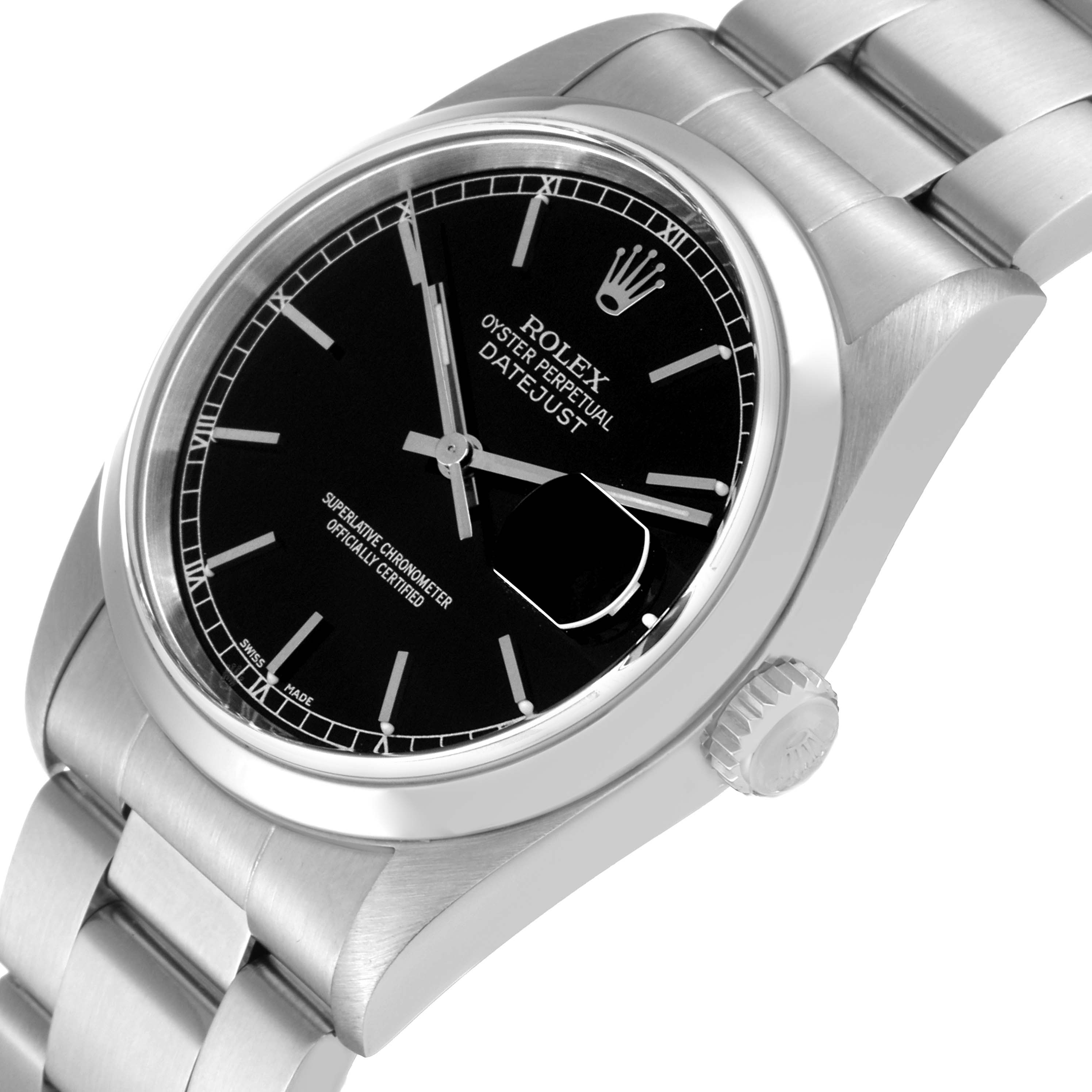 The image shows a close-up of the dial, case, and bracelet of the Rolex Datejust 16200 Men's Stainless Steel Black Dial 16200 Men's Stainless Steel Black Dial watch at a slight angle.