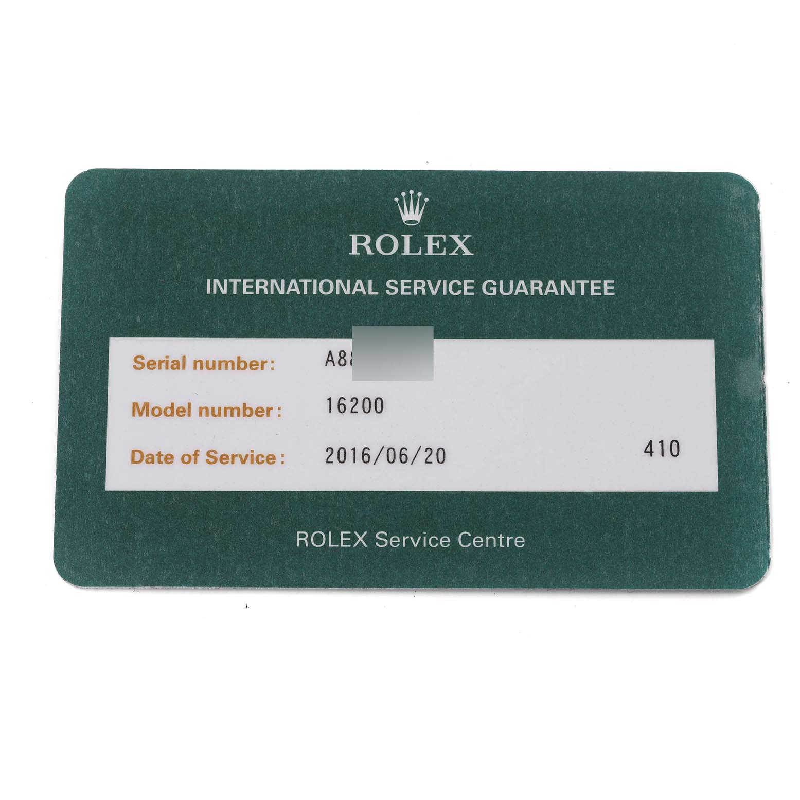 The image shows an International Service Guarantee card for the Rolex Datejust 16200 Men's Stainless Steel Black Dial 16200 Men's Stainless Steel Black Dial model number 16200.