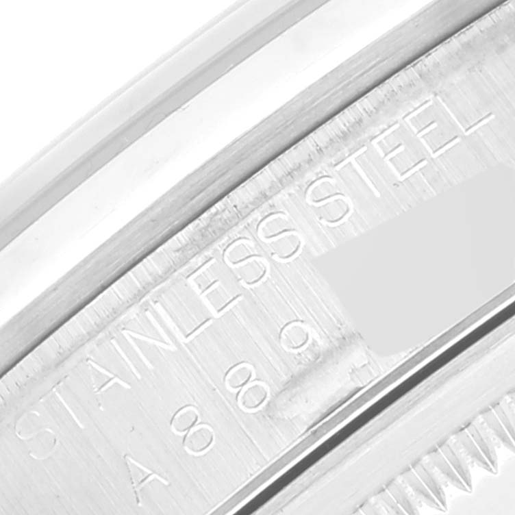 This image shows a close-up of the stainless steel engraving on the case back of a Rolex Datejust 16200 Men's Stainless Steel Black Dial 16200 Men's Stainless Steel Black Dial watch.