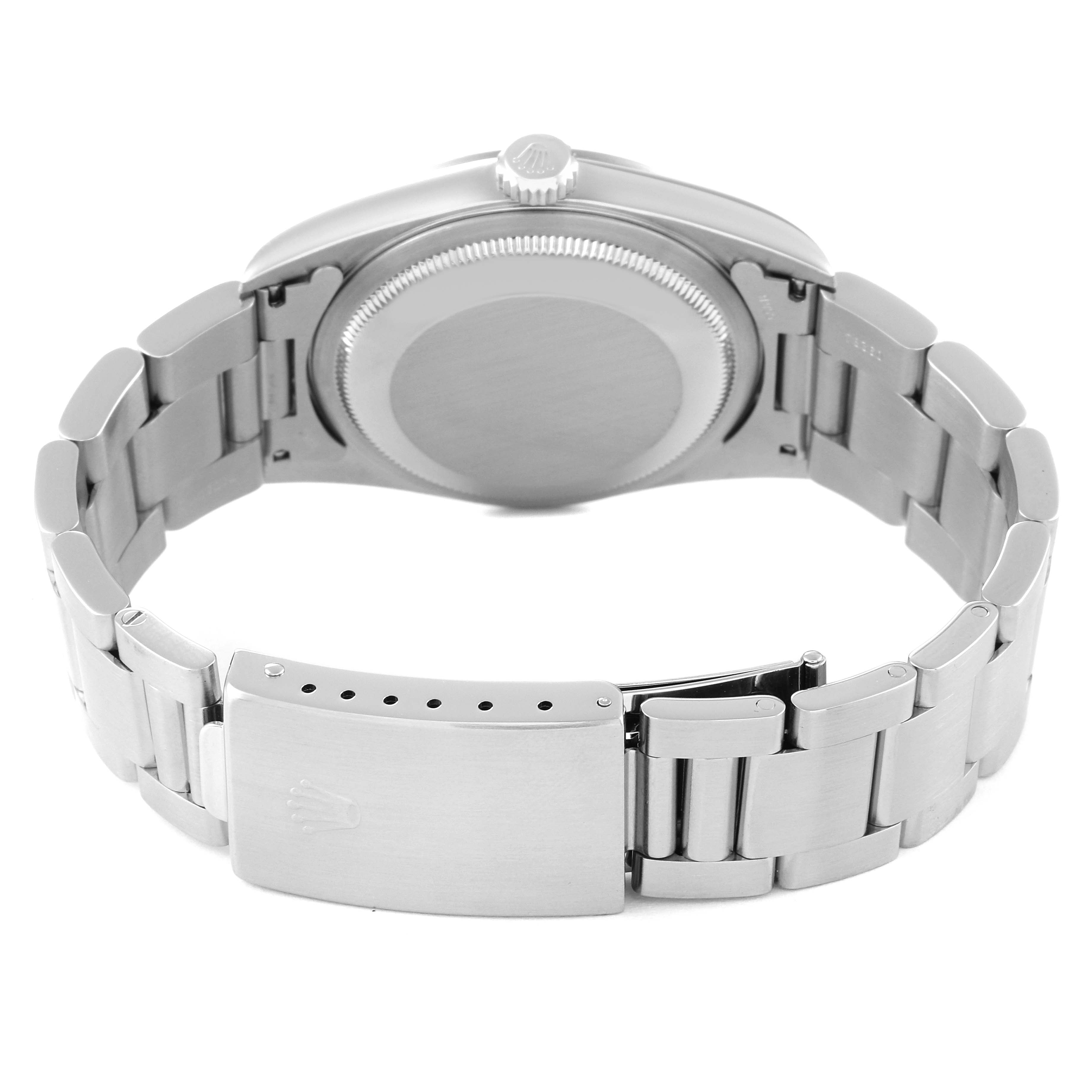 This image shows the open clasp, bracelet, and case back of a Rolex Datejust 16200 Men's Stainless Steel Black Dial 16200 Men's Stainless Steel Black Dial watch from the rear angle.