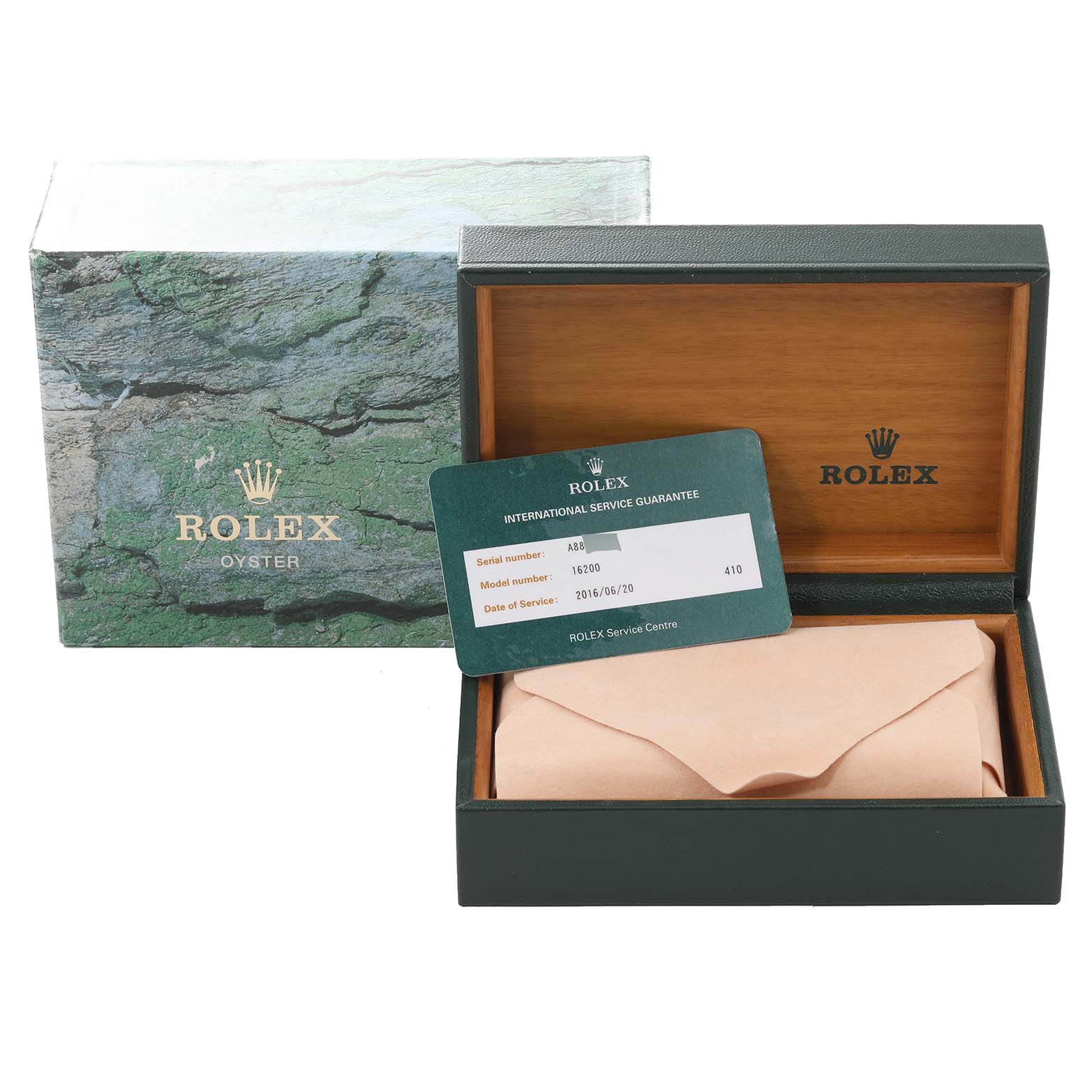 The image shows a Rolex Datejust 16200 Men's Stainless Steel Black Dial 16200 Men's Stainless Steel Black Dial model watch box, opened to display an international service guarantee card within.