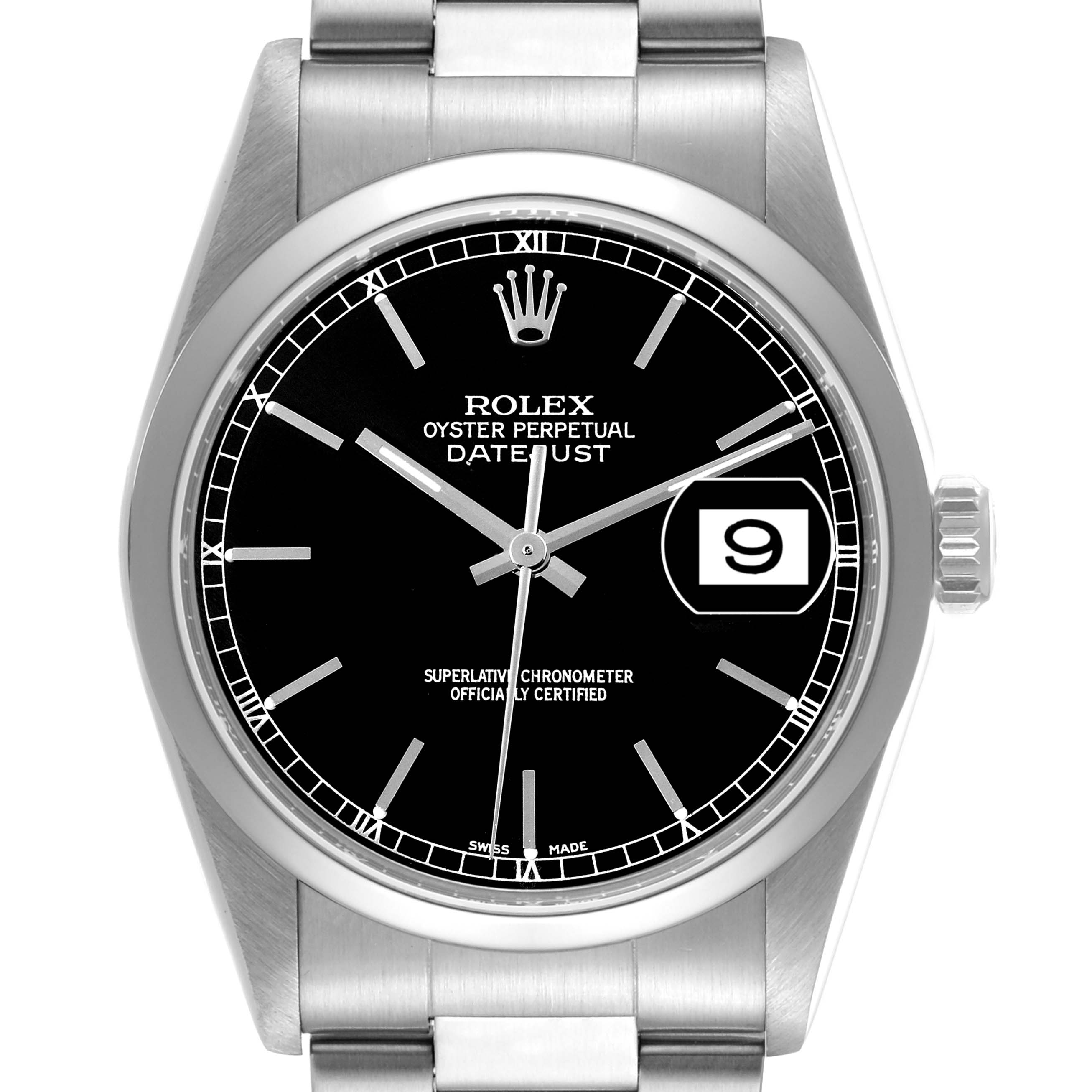 This image shows a frontal view of the Rolex Datejust 16200 Men's Stainless Steel Black Dial 16200 Men's Stainless Steel Black Dial watch, highlighting its black dial, hands, date window, and bracelet.