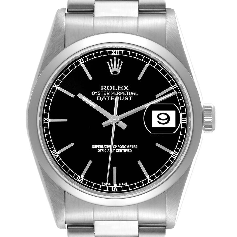 Rolex Datejust 36mm Black Dial Smooth Bezel Steel Mens Watch 16200 SwissWatchExpo