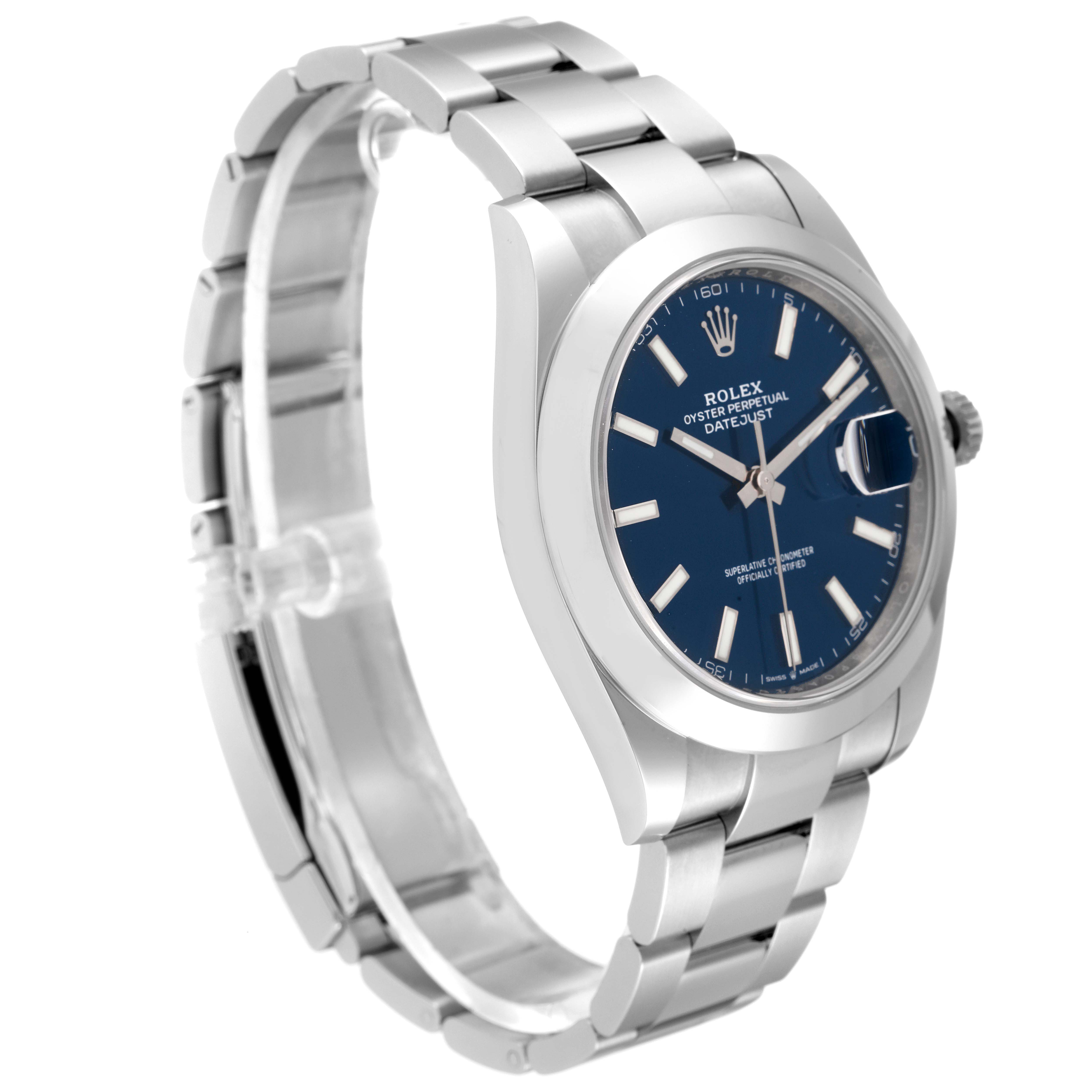 The Rolex Datejust 41 126300 Men's Stainless Steel Blue Dial 126300 Men's Stainless Steel Blue Dial watch is shown at a three-quarter angle, displaying the dial, bracelet, and crown.