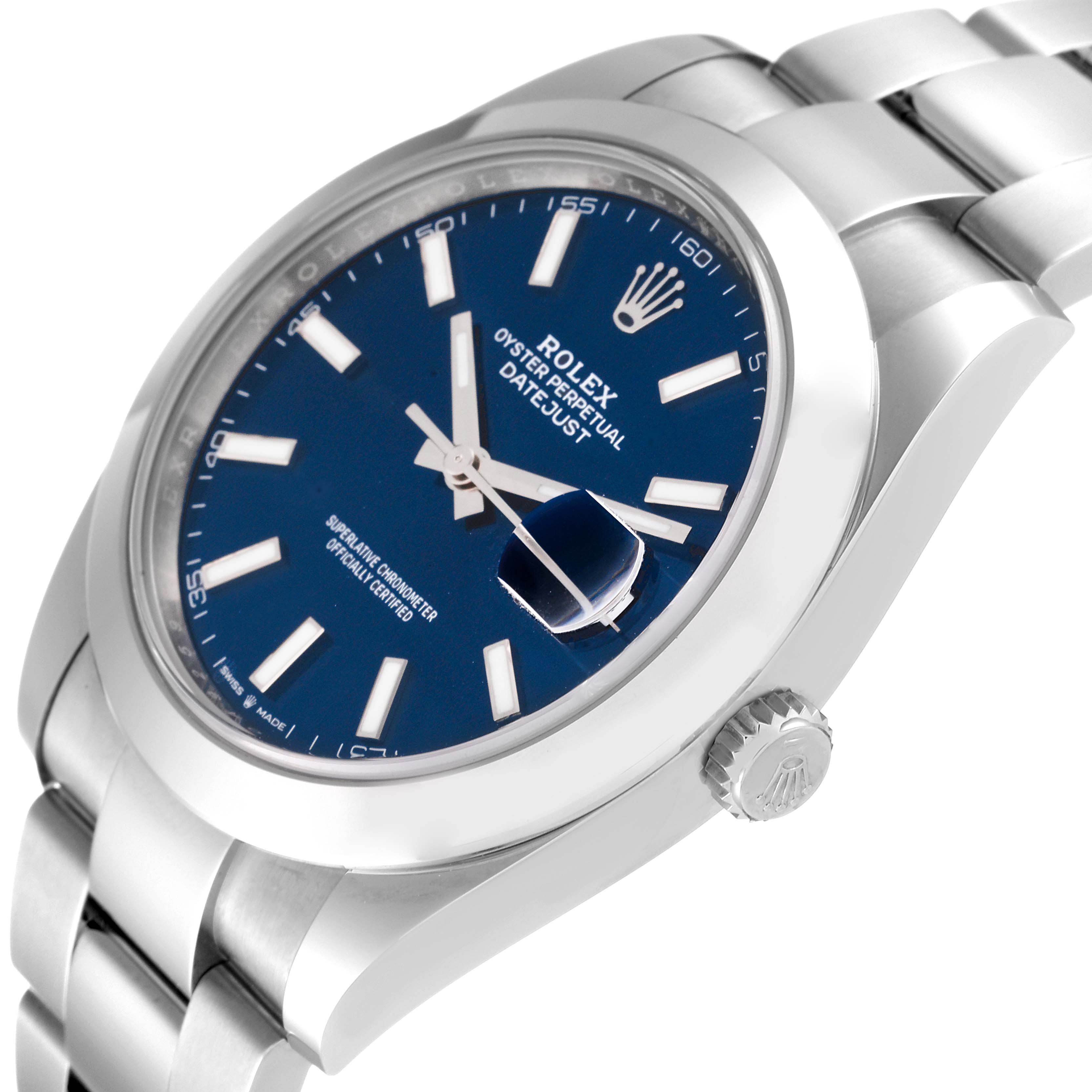 The image shows a Rolex Datejust 41 126300 Men's Stainless Steel Blue Dial 126300 Men's Stainless Steel Blue Dial watch angled to highlight the dial, bezel, bracelet, crown, and date magnifier.