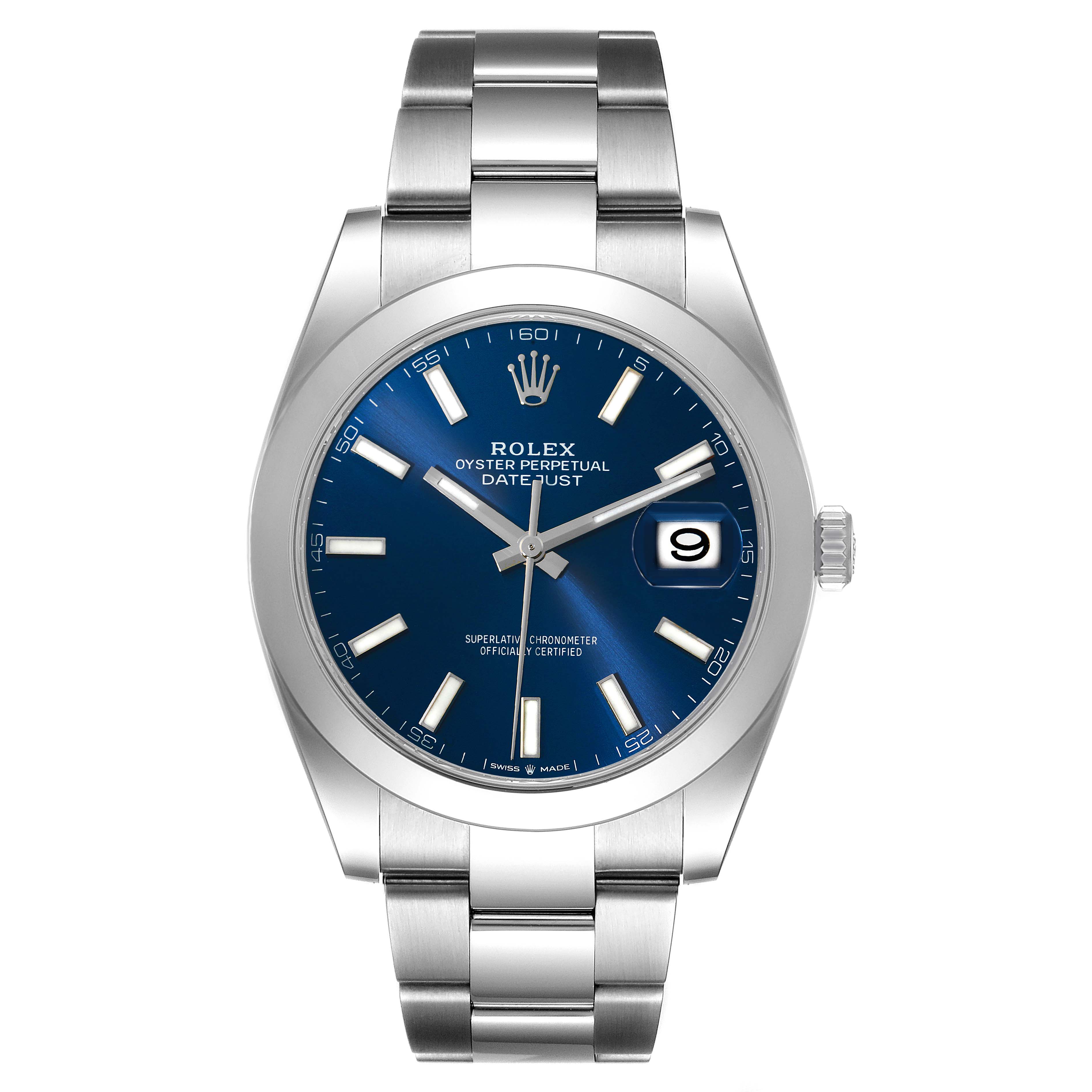 This is a frontal view of the Rolex Datejust 41 126300 Men's Stainless Steel Blue Dial 126300 Men's Stainless Steel Blue Dial watch showing the face, bracelet, and crown.