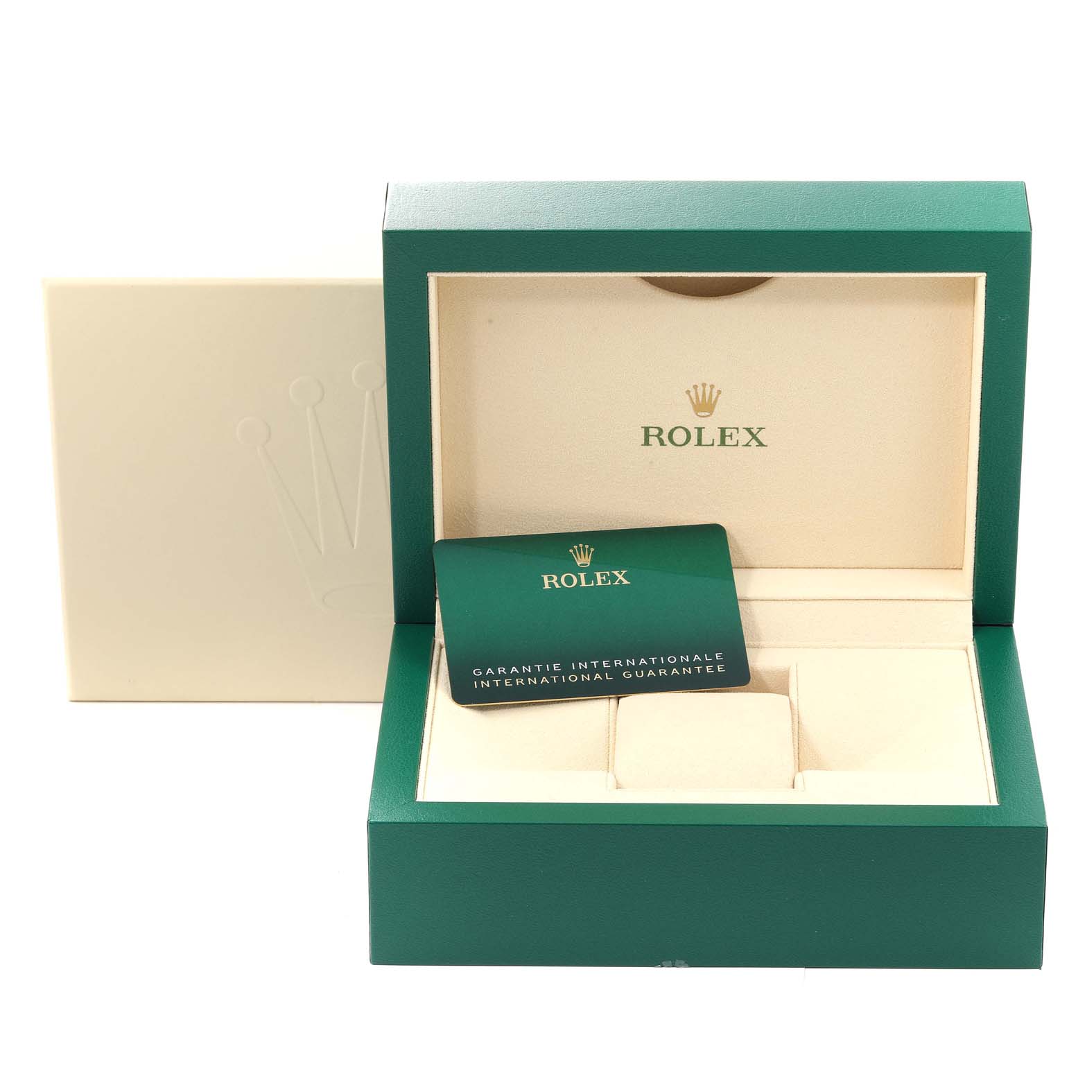 This image shows the open box and warranty card for the Rolex Datejust 41 126300 Men's Stainless Steel Blue Dial 126300 Men's Stainless Steel Blue Dial watch model.