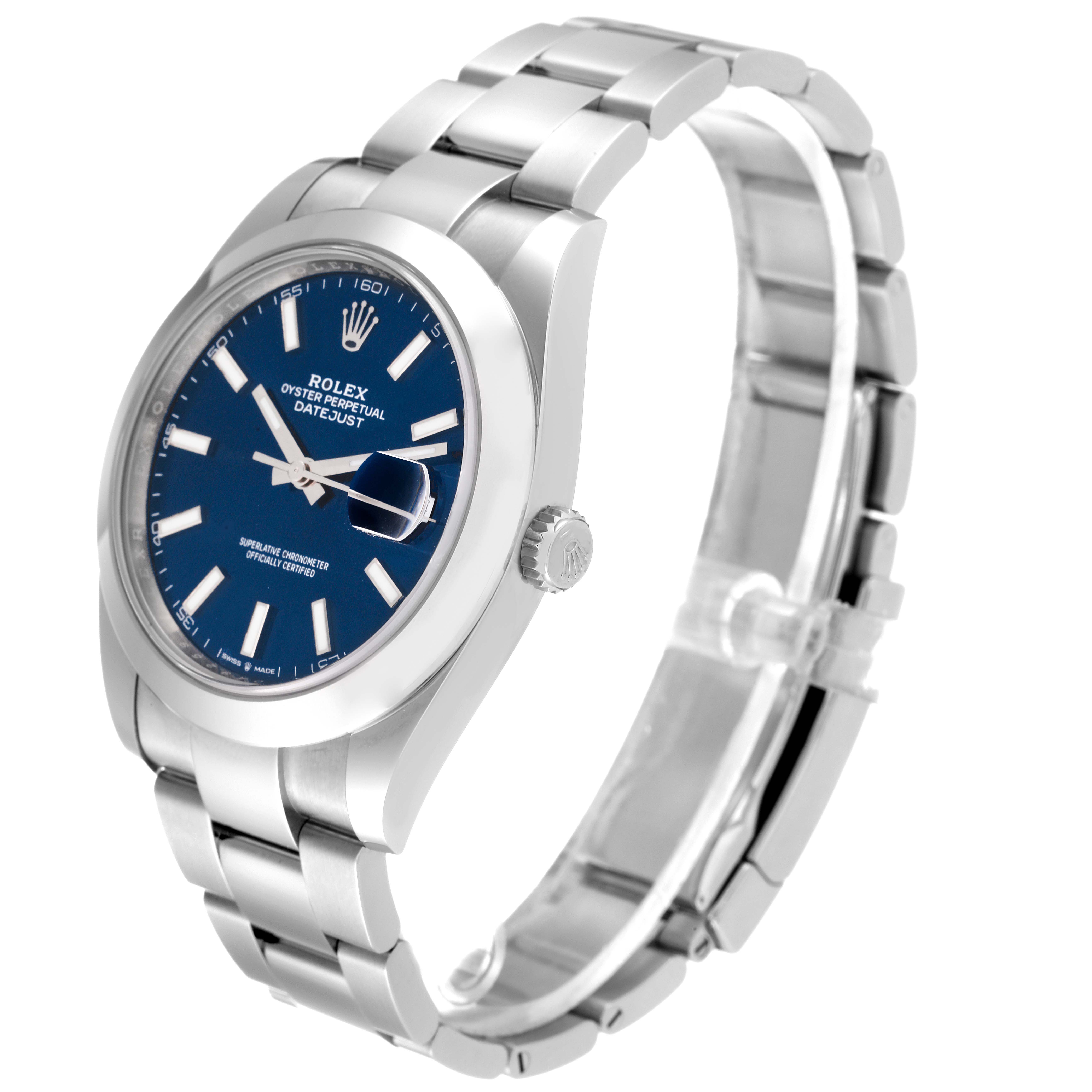 The Rolex Datejust 41 126300 Men's Stainless Steel Blue Dial 126300 Men's Stainless Steel Blue Dial watch is shown at a three-quarter angle, displaying the face, bracelet, and side crown.