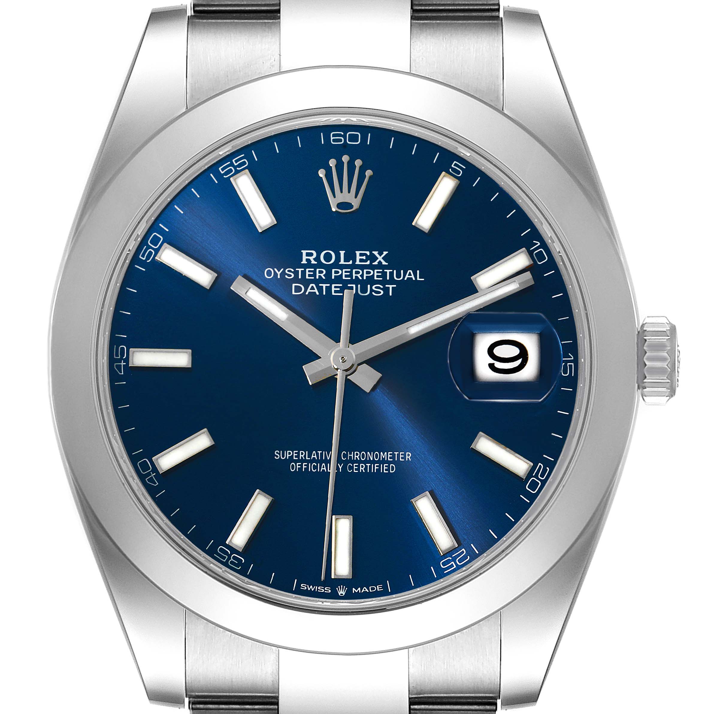 The image shows a front view of a Rolex Datejust 41 126300 Men's Stainless Steel Blue Dial 126300 Men's Stainless Steel Blue Dial watch, highlighting the blue dial, date window, and stainless steel case.