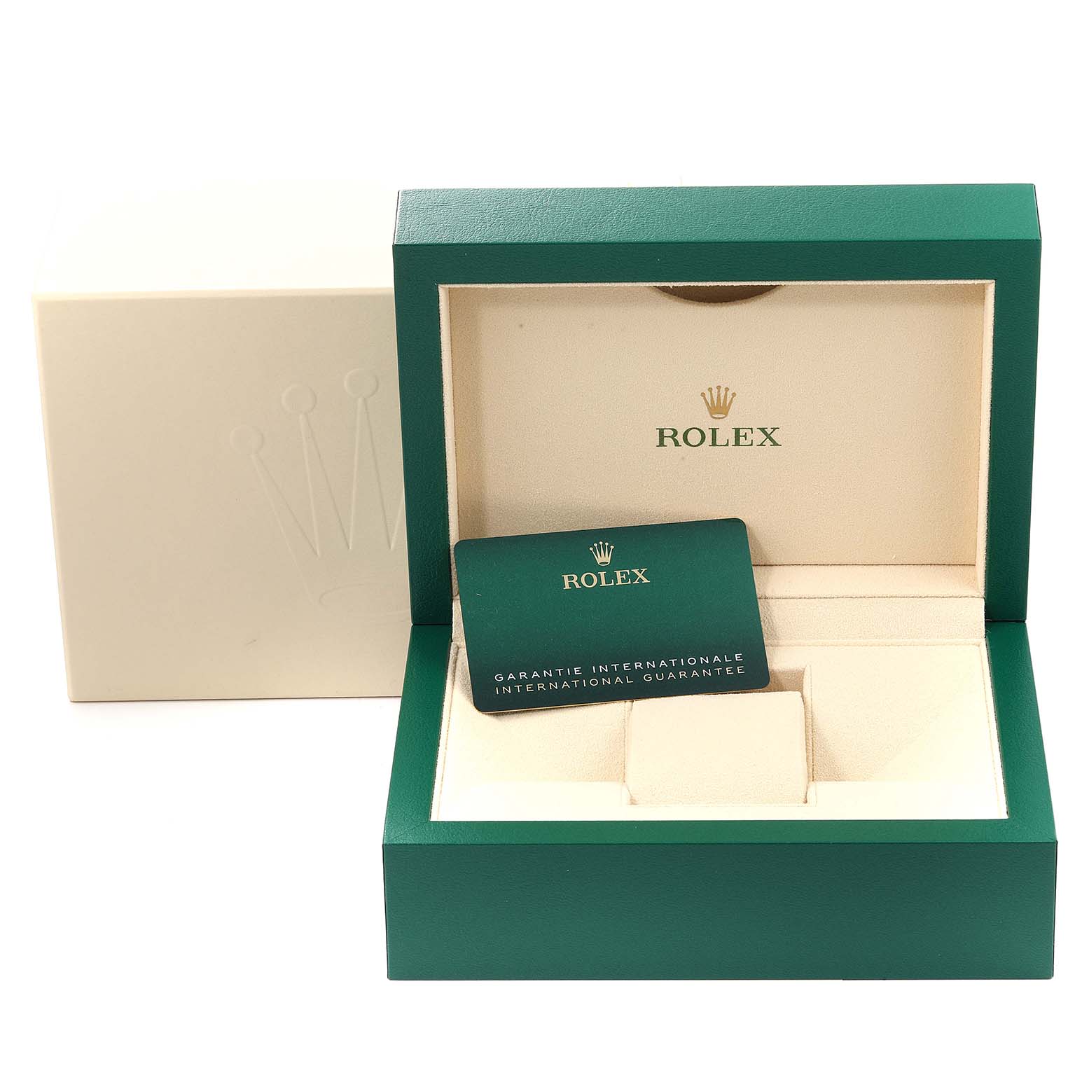 This image shows an open Rolex Datejust 41 126334 Men
s Stainless Steel Mother of Pearl Dial 126334 Men
s Stainless Steel Mother of Pearl Dial watch box with an international guarantee card inside.