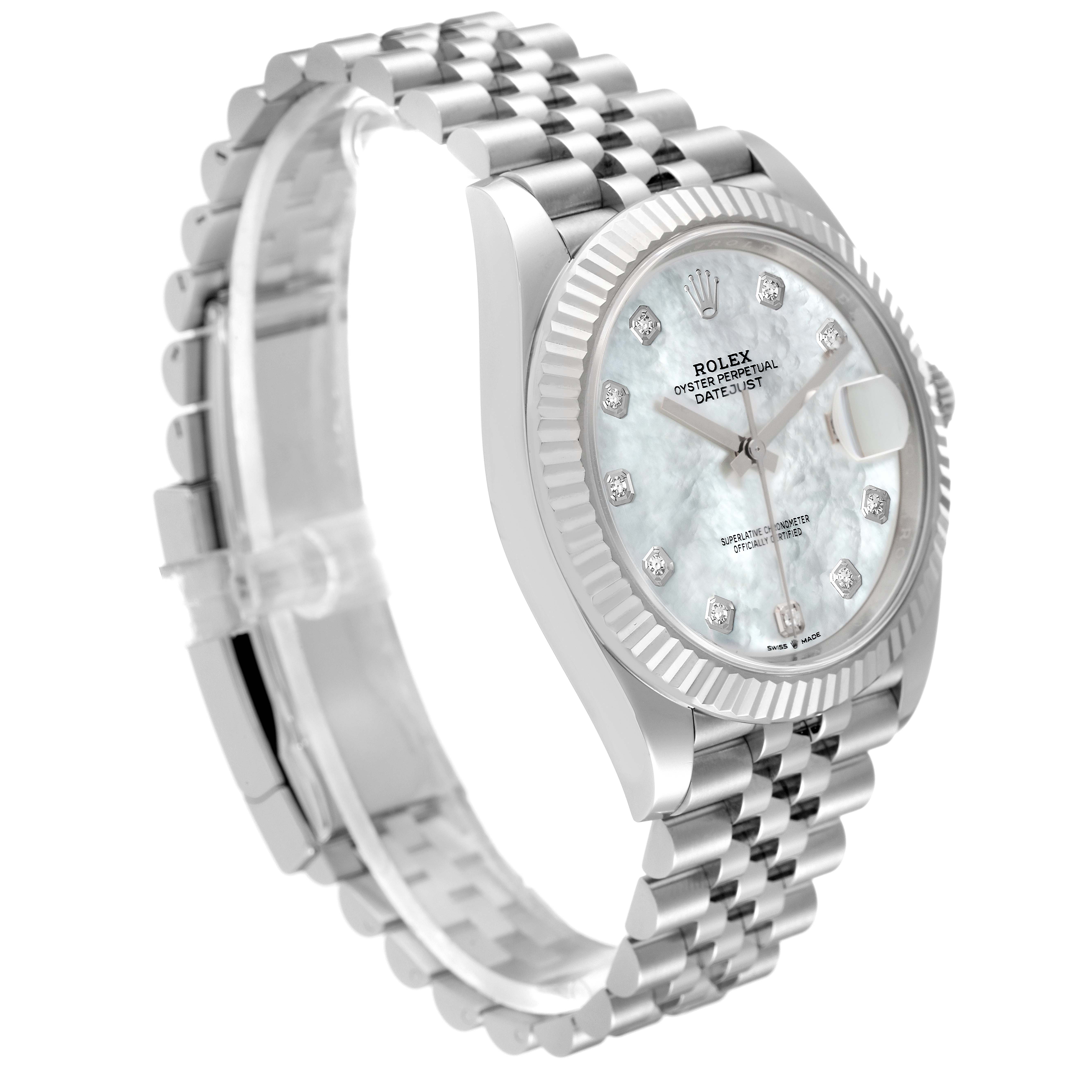 The Rolex Datejust 41 126334 Men
s Stainless Steel Mother of Pearl Dial 126334 Men
s Stainless Steel Mother of Pearl Dial watch is shown at a side angle, displaying its face, bezel, and bracelet.
