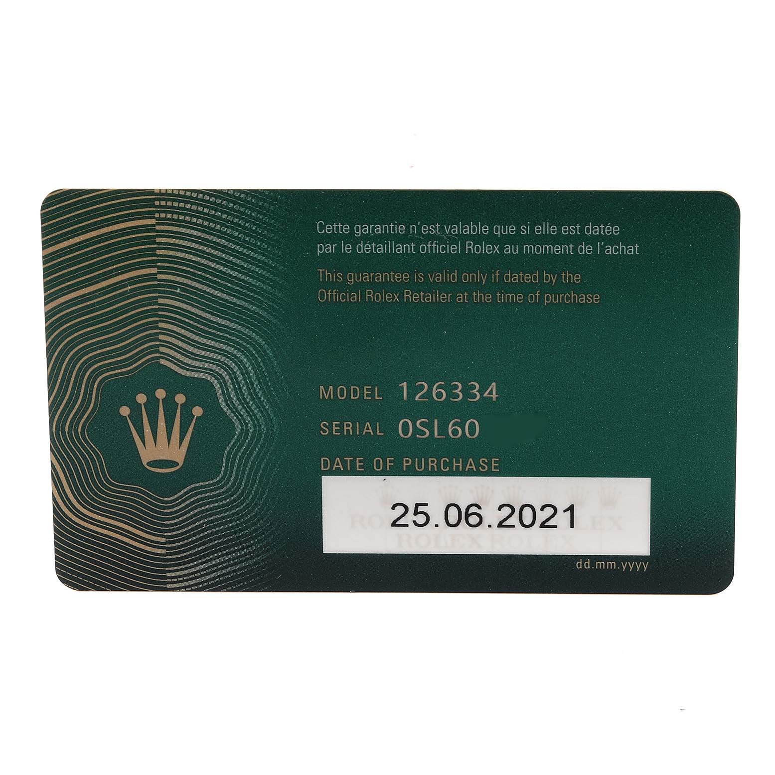 This image shows the warranty card for the Rolex Datejust 41 126334 Men
s Stainless Steel Mother of Pearl Dial 126334 Men
s Stainless Steel Mother of Pearl Dial model 126334, detailing the serial number and date of purchase.