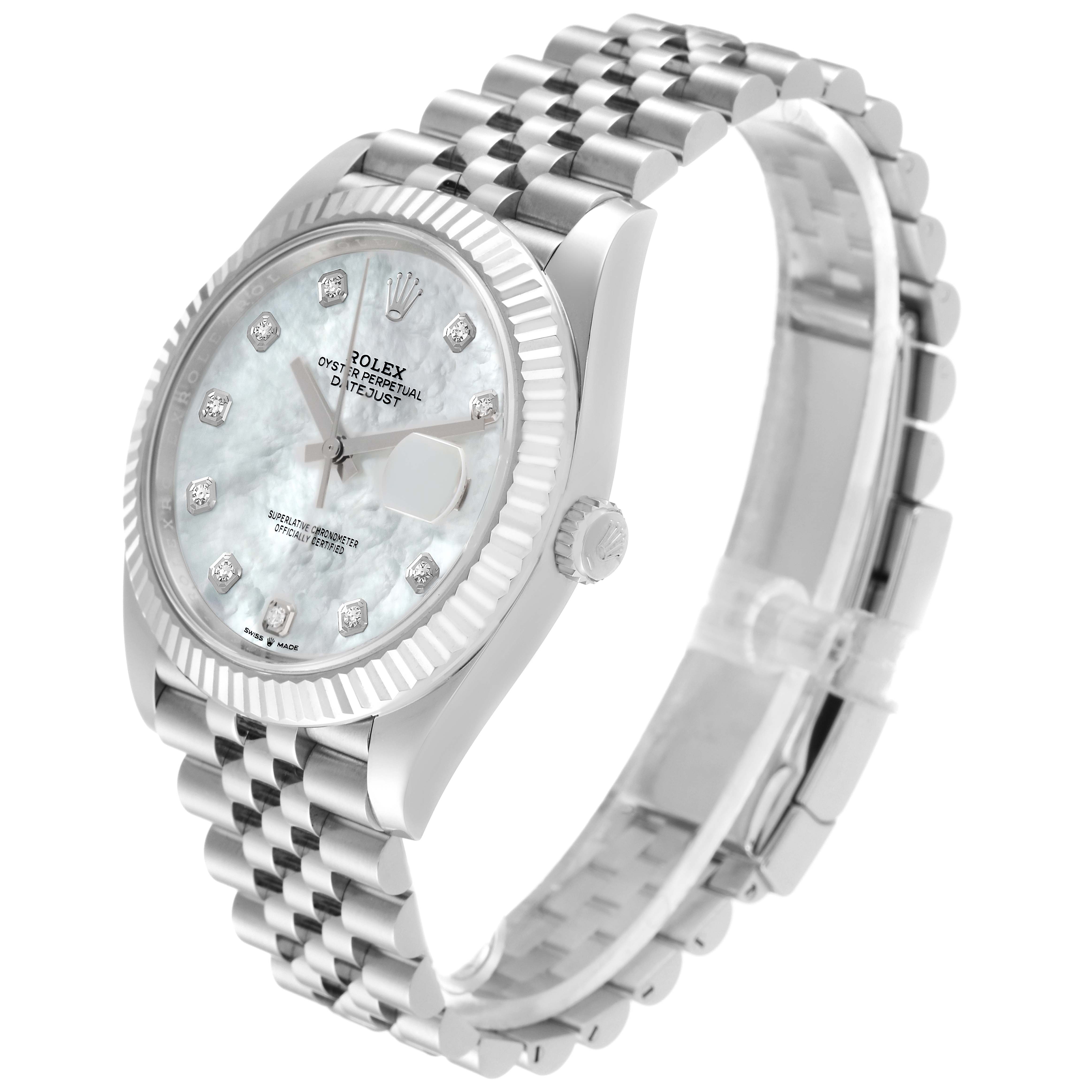 This image shows a Rolex Datejust 41 126334 Men
s Stainless Steel Mother of Pearl Dial 126334 Men
s Stainless Steel Mother of Pearl Dial watch angled to display the face, bezel, crown, and part of the bracelet.