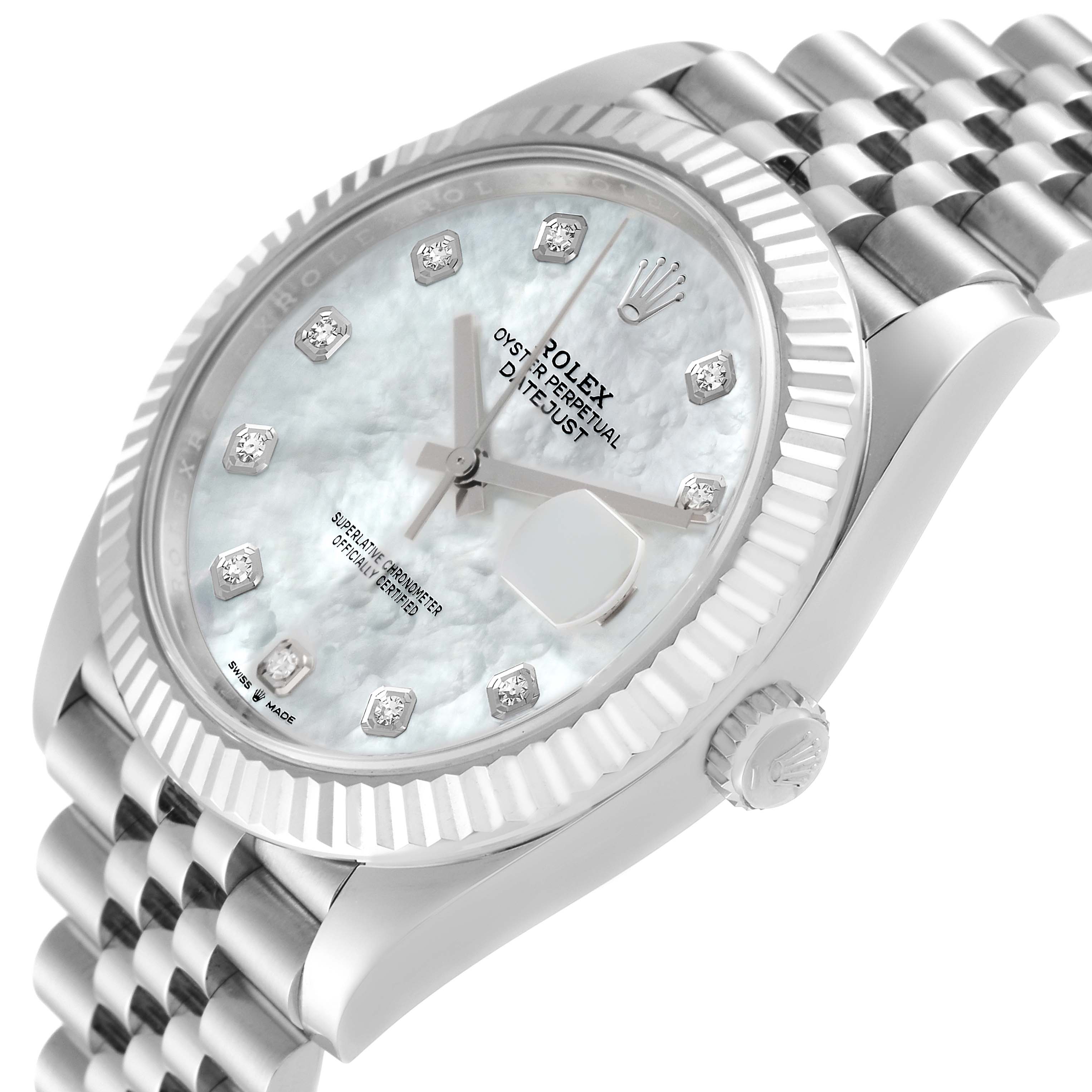 The image shows the face and bracelet of a Rolex Datejust 41 126334 Men
s Stainless Steel Mother of Pearl Dial 126334 Men
s Stainless Steel Mother of Pearl Dial watch at a slight angle.