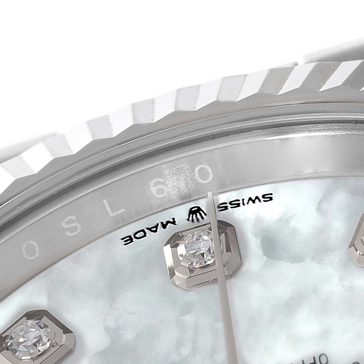 This close-up image shows the bezel, dial, and diamond markers of the Rolex Datejust 41 126334 Men
s Stainless Steel Mother of Pearl Dial 126334 Men
s Stainless Steel Mother of Pearl Dial watch.