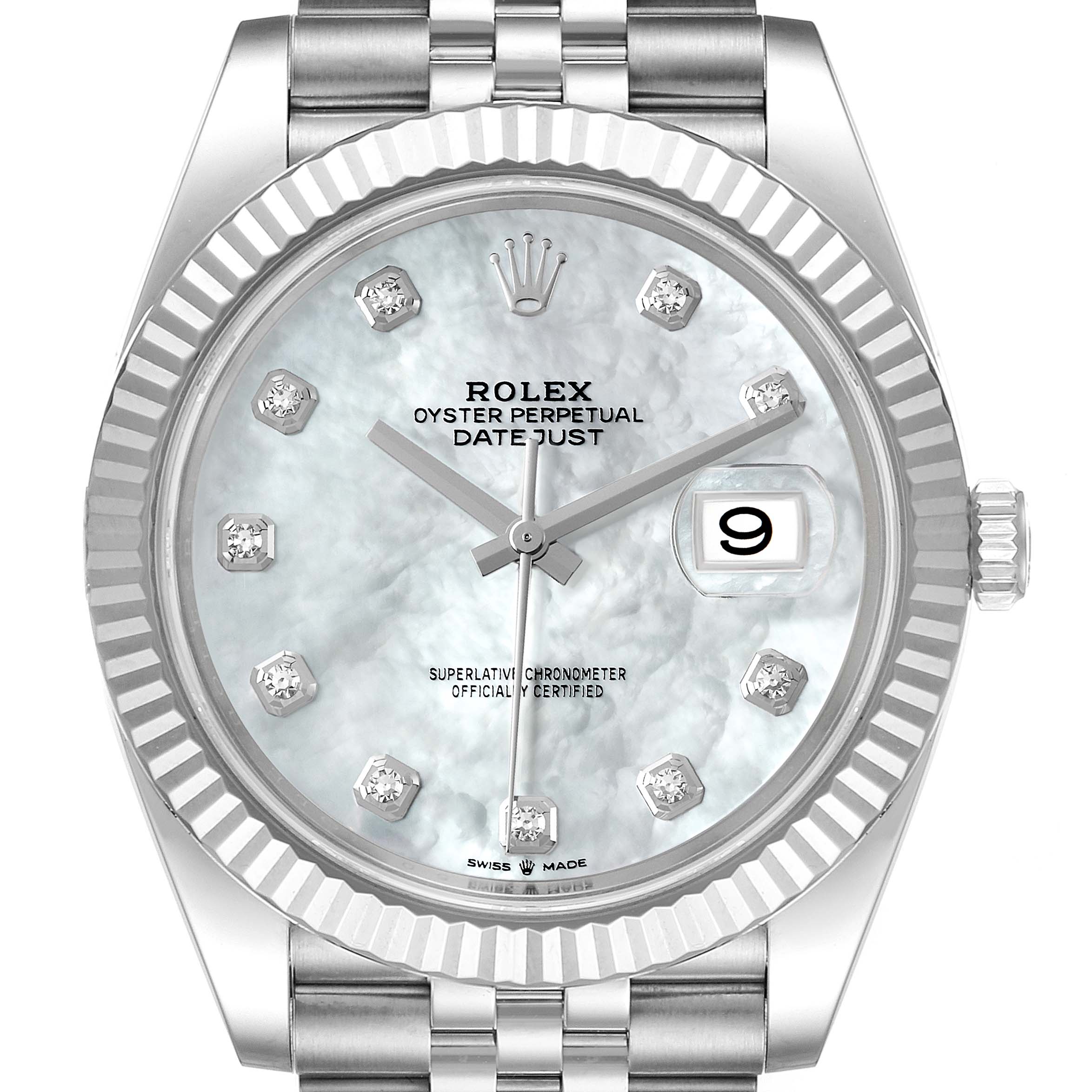 This image shows a frontal view of the Rolex Datejust 41 126334 Men
s Stainless Steel Mother of Pearl Dial 126334 Men
s Stainless Steel Mother of Pearl Dial, highlighting its face, dial, hands, date window, and bracelet.