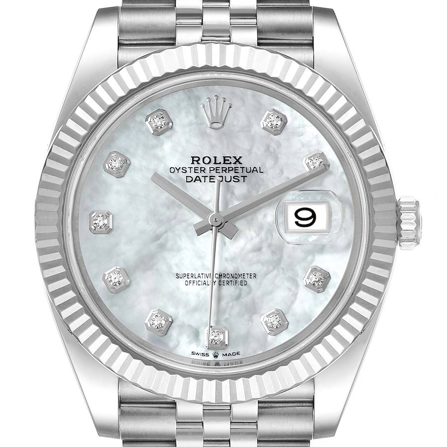Rolex Datejust 41 Steel White Gold Mother of Pearl Diamond Mens Watch 126334 Box Card SwissWatchExpo