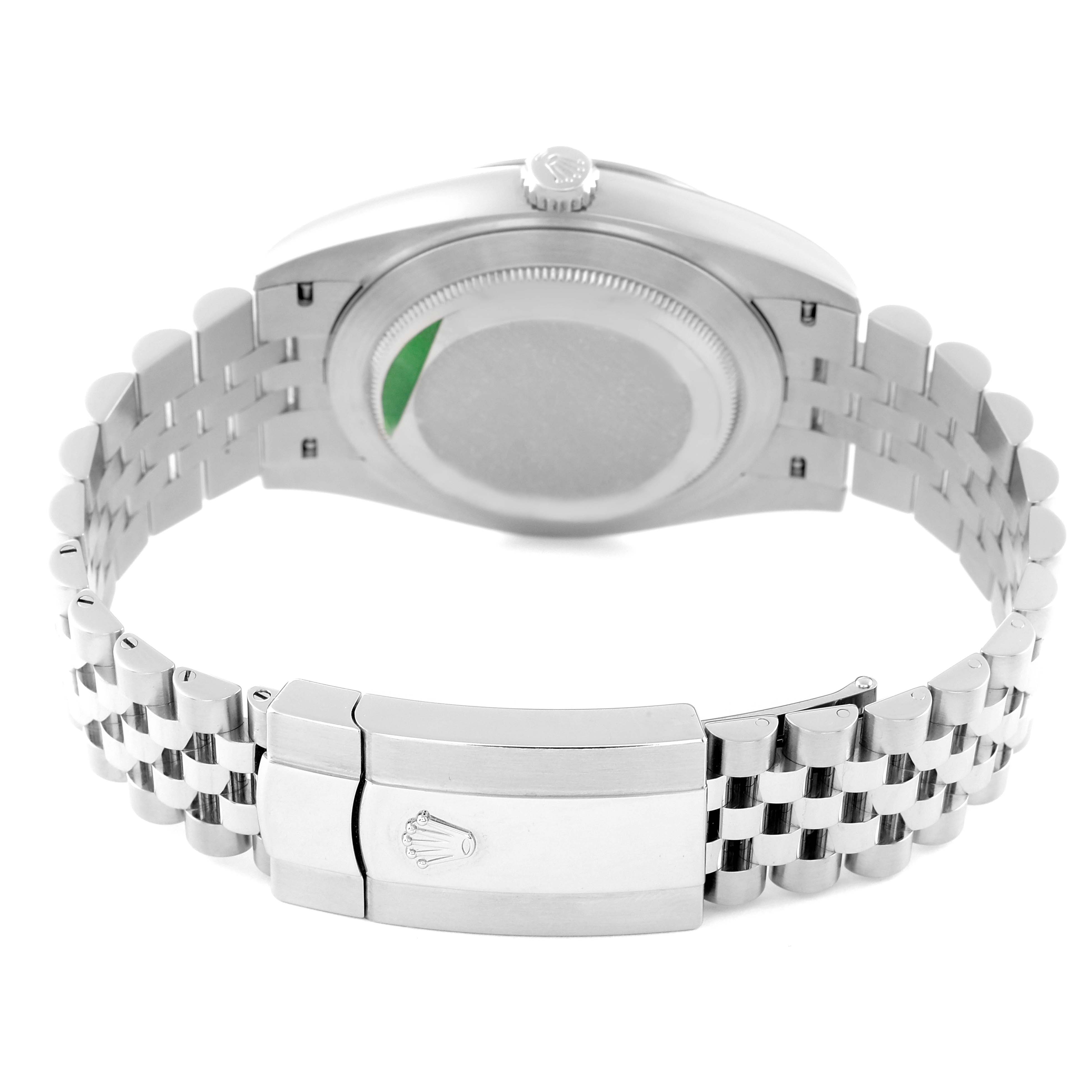 The image shows the back view of a Rolex Datejust 41 126334 Men
s Stainless Steel Mother of Pearl Dial 126334 Men
s Stainless Steel Mother of Pearl Dial model, highlighting its case back and Jubilee bracelet with a clasp.