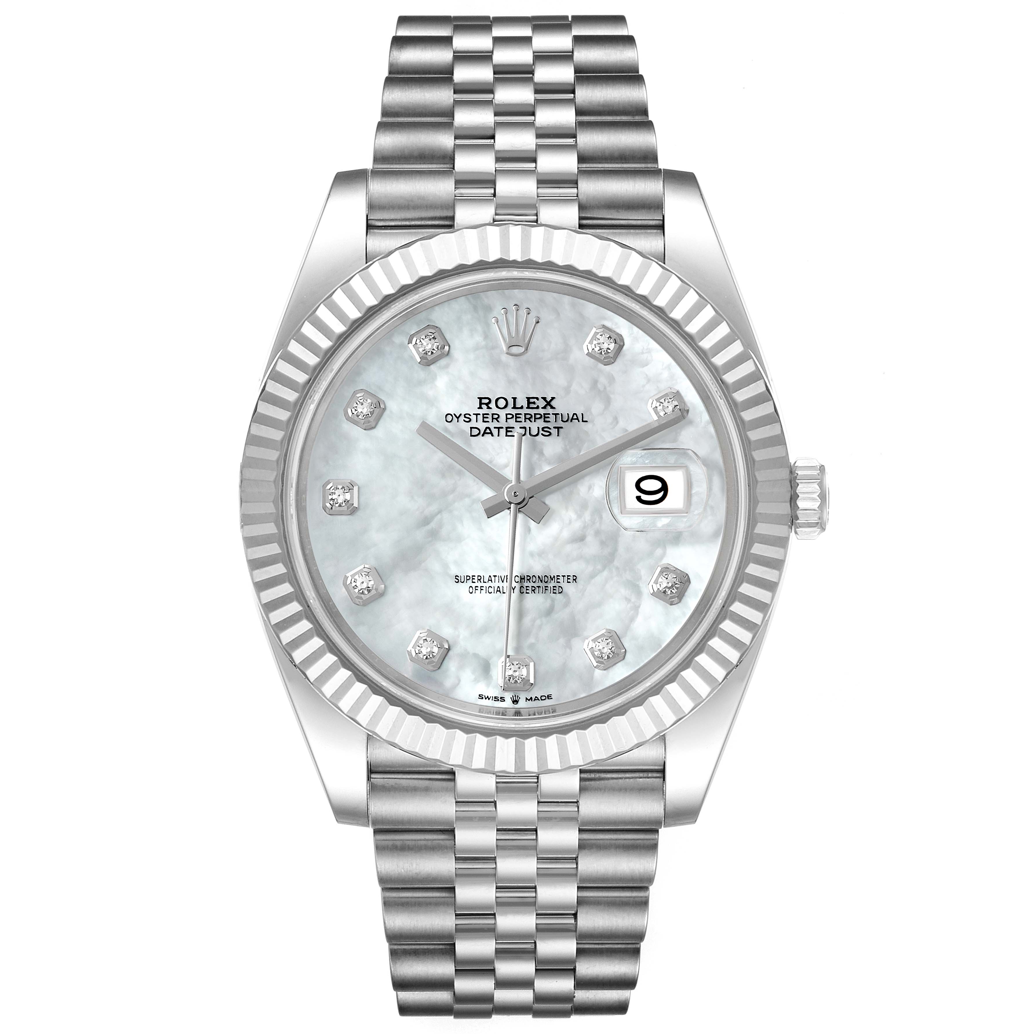 The Rolex Datejust 41 126334 Men
s Stainless Steel Mother of Pearl Dial 126334 Men
s Stainless Steel Mother of Pearl Dial watch is shown from a front angle, displaying its face, dial, hands, bezel, and Jubilee bracelet.