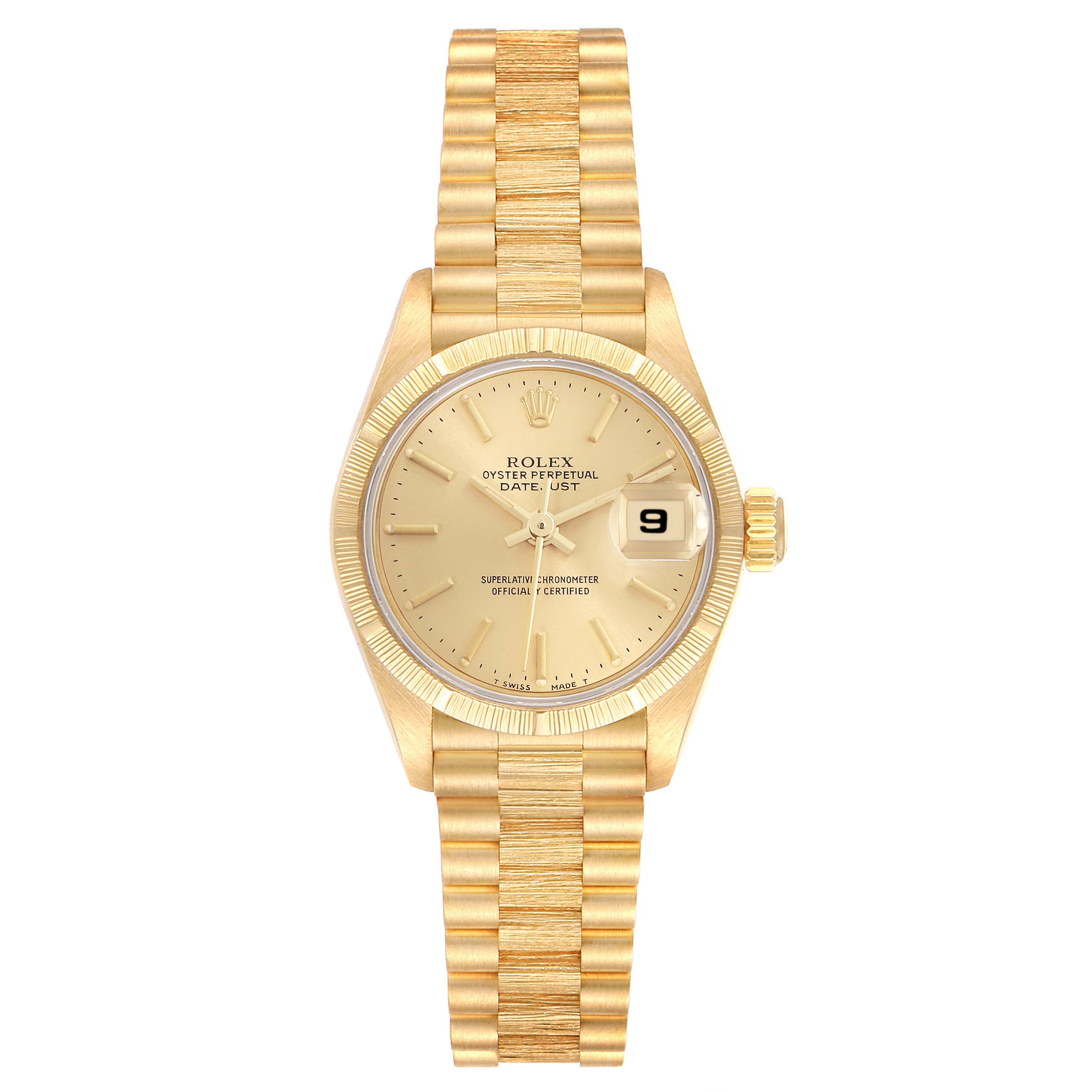 The image shows a front view of the Rolex President 69278 Women's Yellow Gold Champagne Dial 69278 Women's Yellow Gold Champagne Dial model watch, including the bezel, dial, hands, and bracelet.
