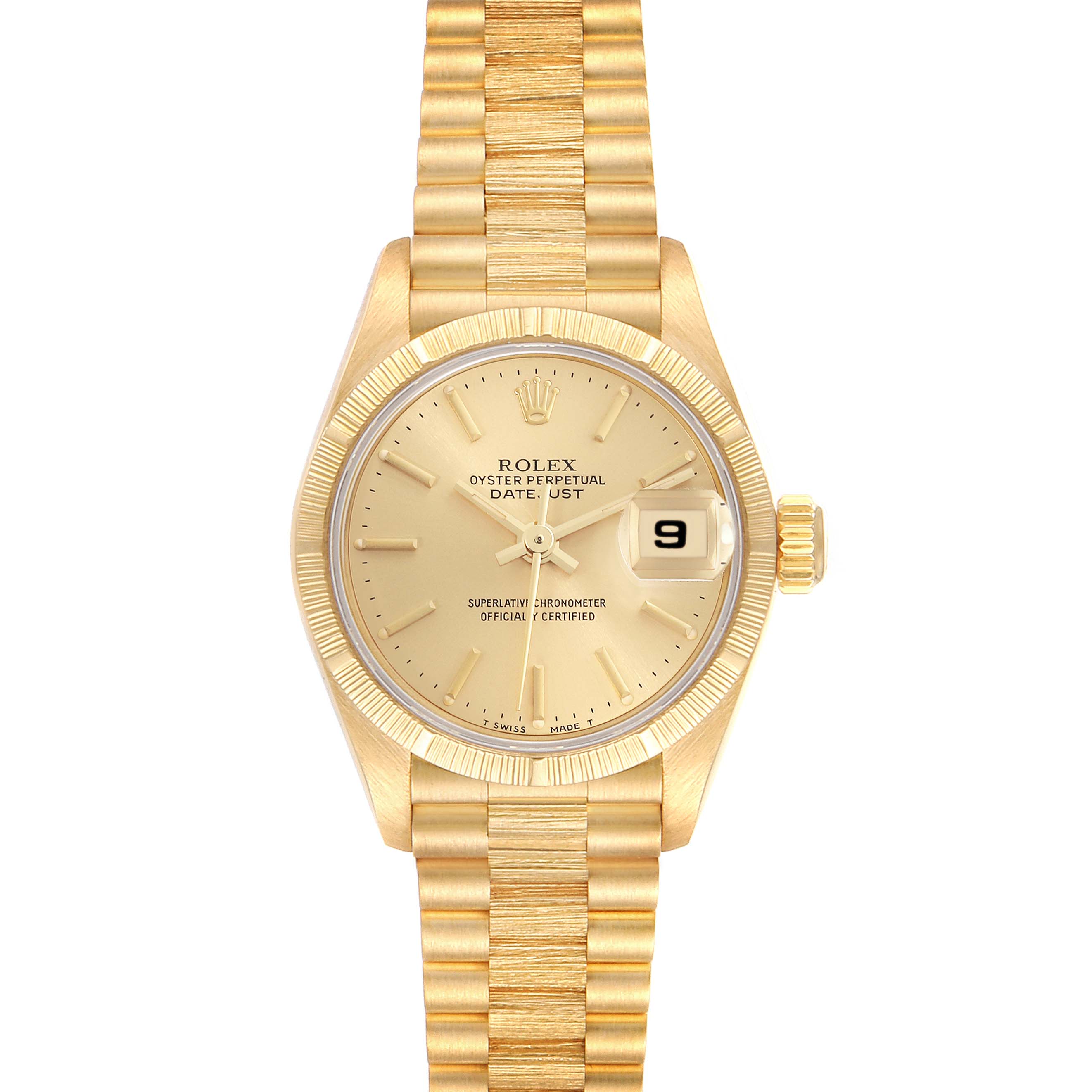 The image shows a front view of the Rolex President 69278 Women's Yellow Gold Champagne Dial 69278 Women's Yellow Gold Champagne Dial model watch, displaying the dial, date window, hands, bezel, and bracelet.