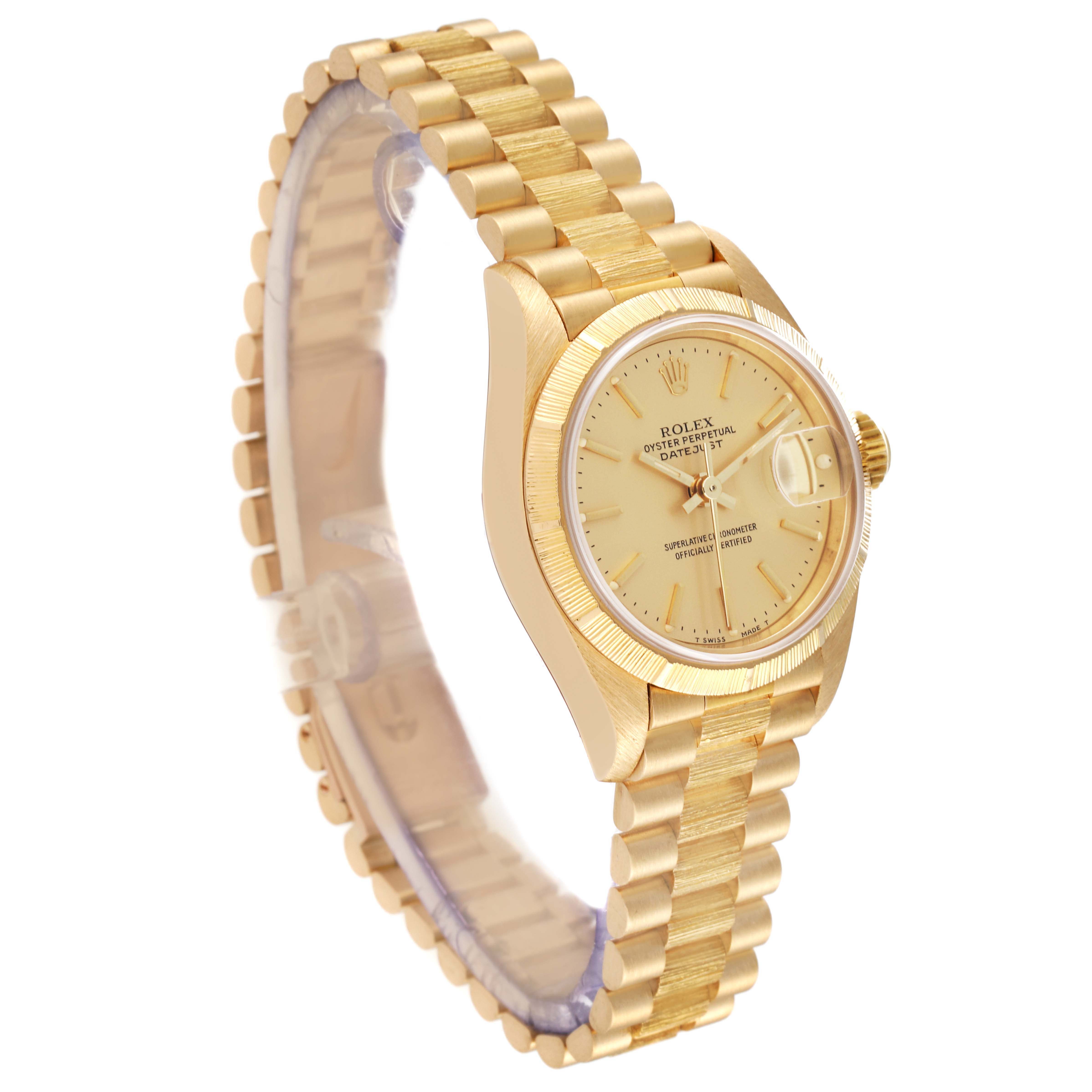The image displays a side-angle view of the Rolex President 69278 Women's Yellow Gold Champagne Dial 69278 Women's Yellow Gold Champagne Dial model watch, showing the bracelet, case, dial, and crown.