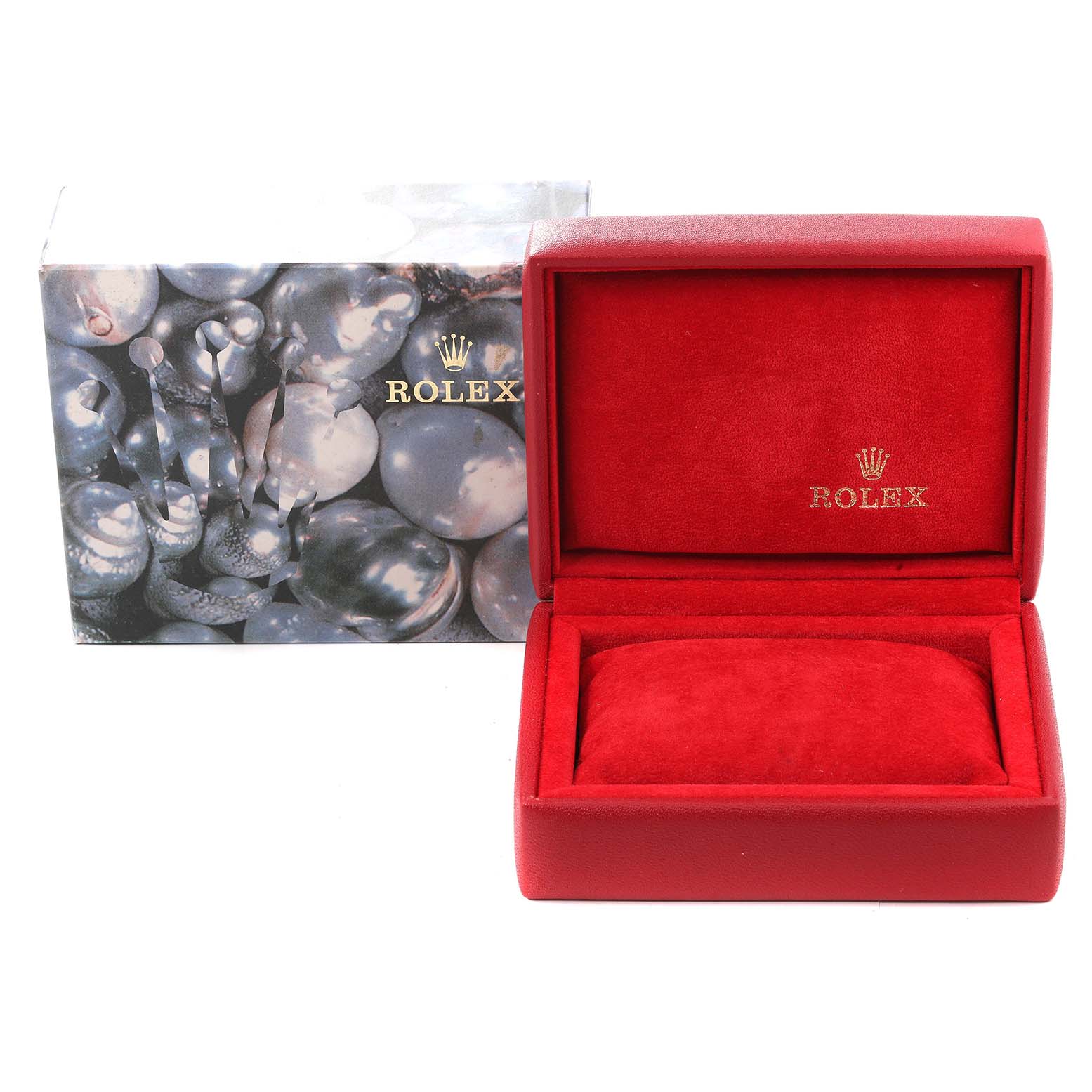 The image shows the open red watch box and outer packaging for the Rolex President 69278 Women's Yellow Gold Champagne Dial 69278 Women's Yellow Gold Champagne Dial model.