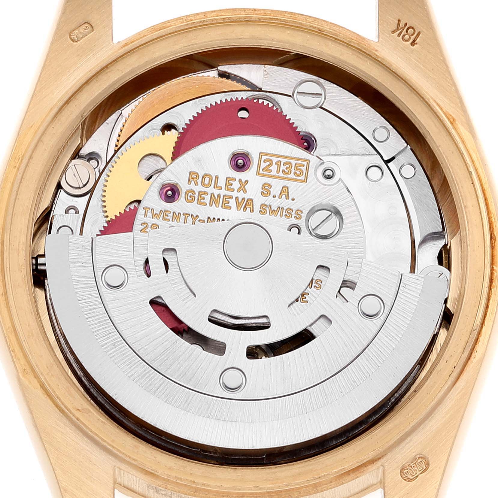 This image shows the inner mechanical movement of a Rolex President 69278 Women's Yellow Gold Champagne Dial 69278 Women's Yellow Gold Champagne Dial model watch, with visible gears and inscriptions.