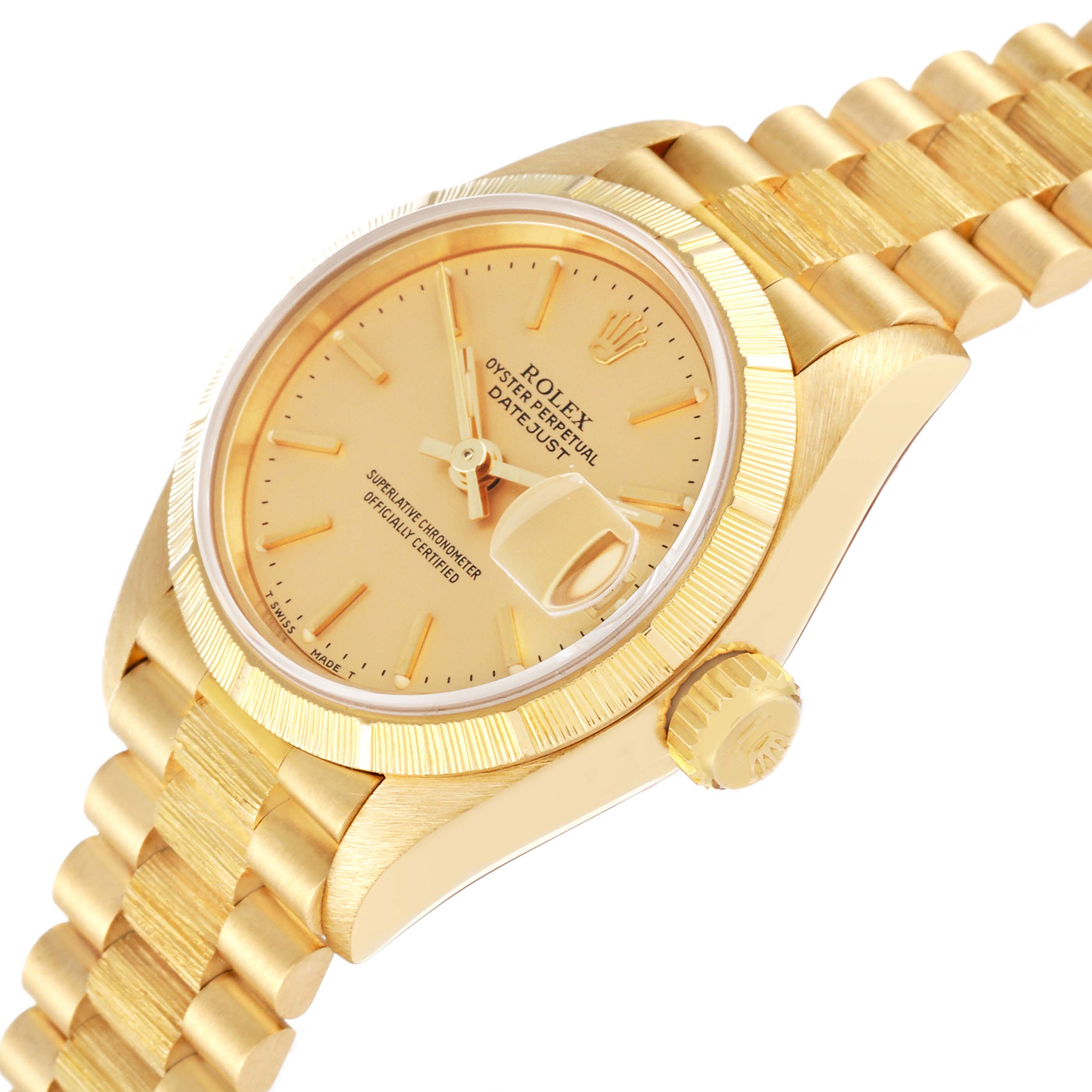 This image shows a close-up angle of the Rolex President 69278 Women's Yellow Gold Champagne Dial 69278 Women's Yellow Gold Champagne Dial model watch, highlighting its dial, bezel, crown, and bracelet.