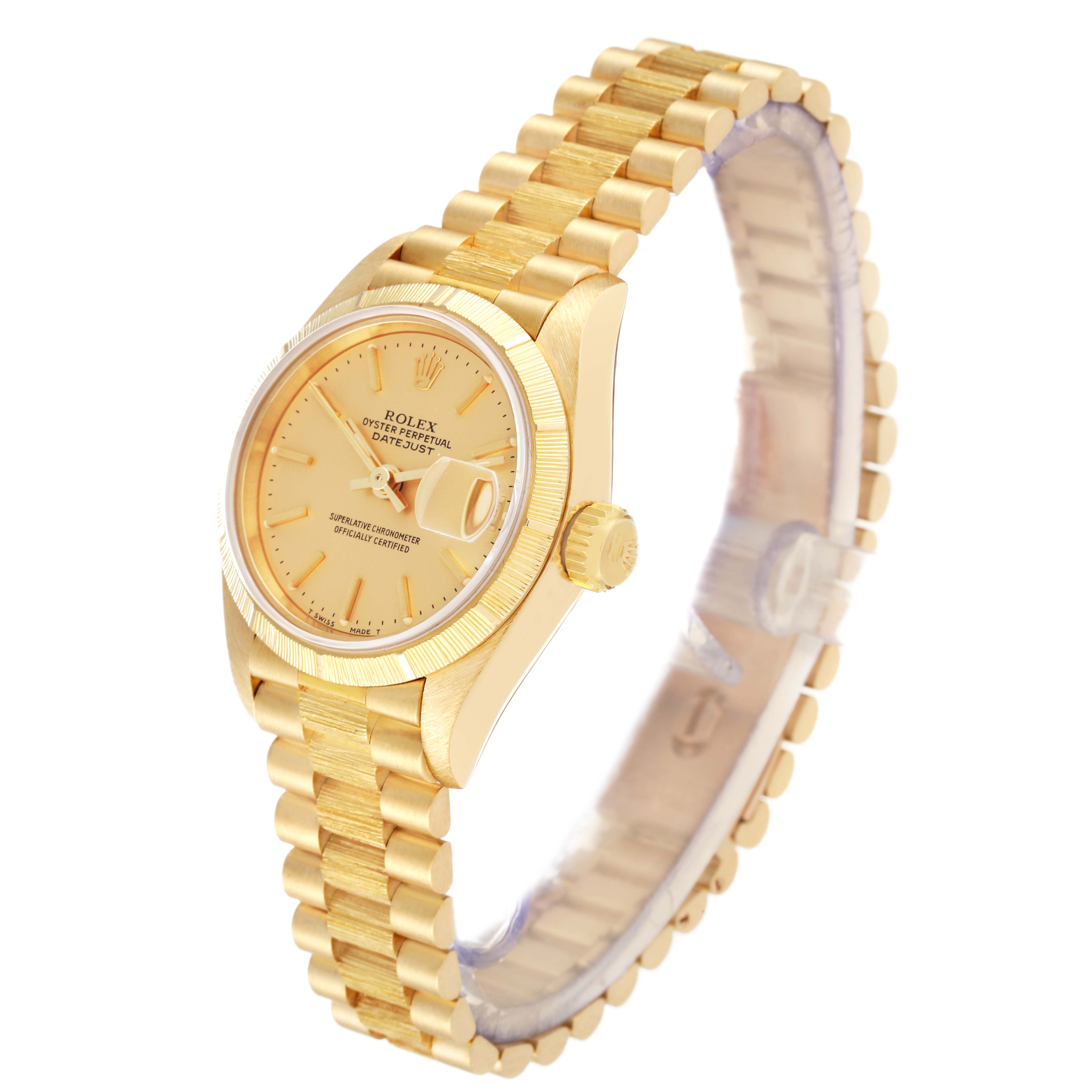 The image shows a side and angled view of a Rolex President 69278 Women's Yellow Gold Champagne Dial 69278 Women's Yellow Gold Champagne Dial model watch, featuring its dial, bezel, crown, and bracelet.