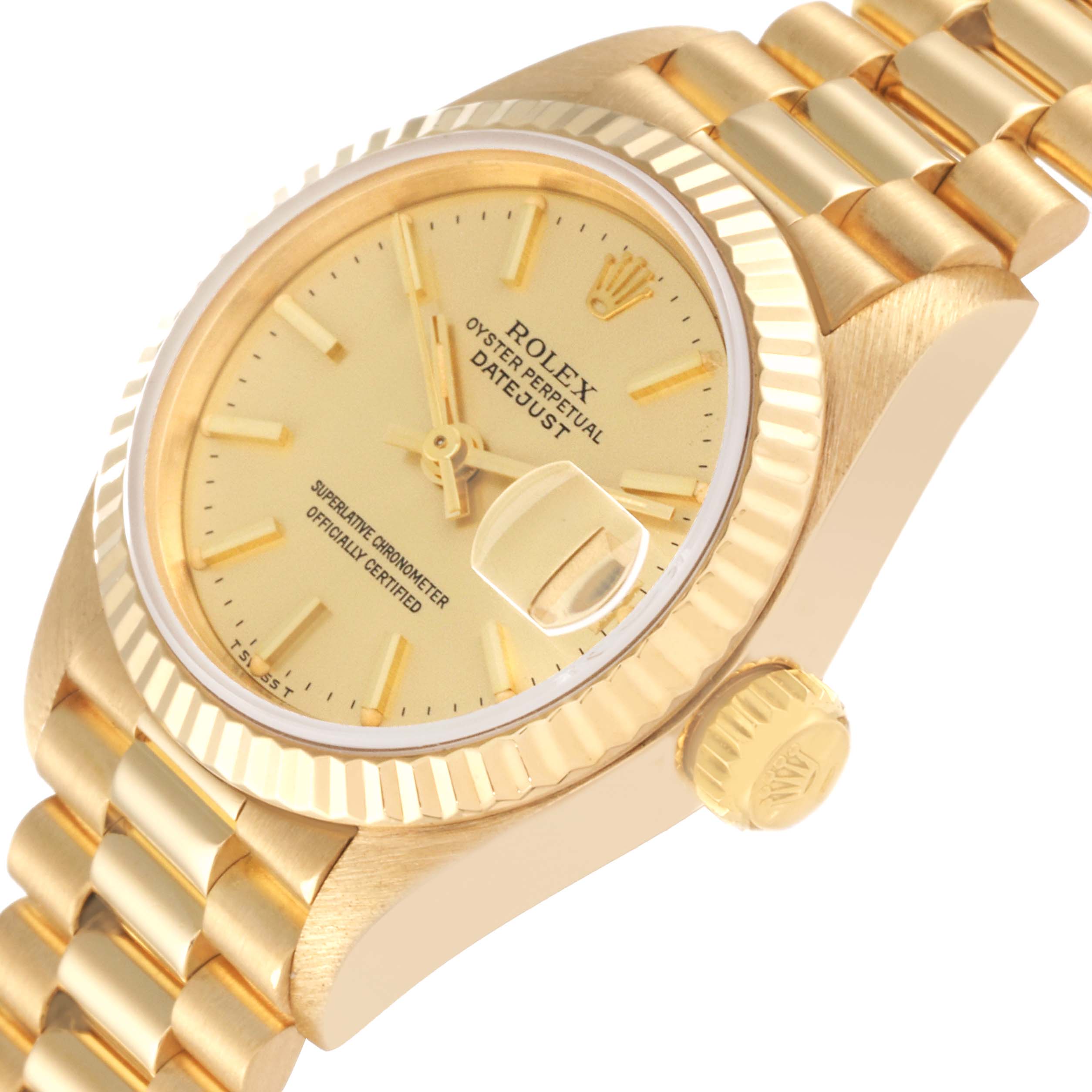 This image shows a side view angle of the Rolex President 69178 Women's Yellow Gold Champagne Dial 69178 Women's Yellow Gold Champagne Dial model watch, highlighting its dial, bezel, crown, and bracelet.