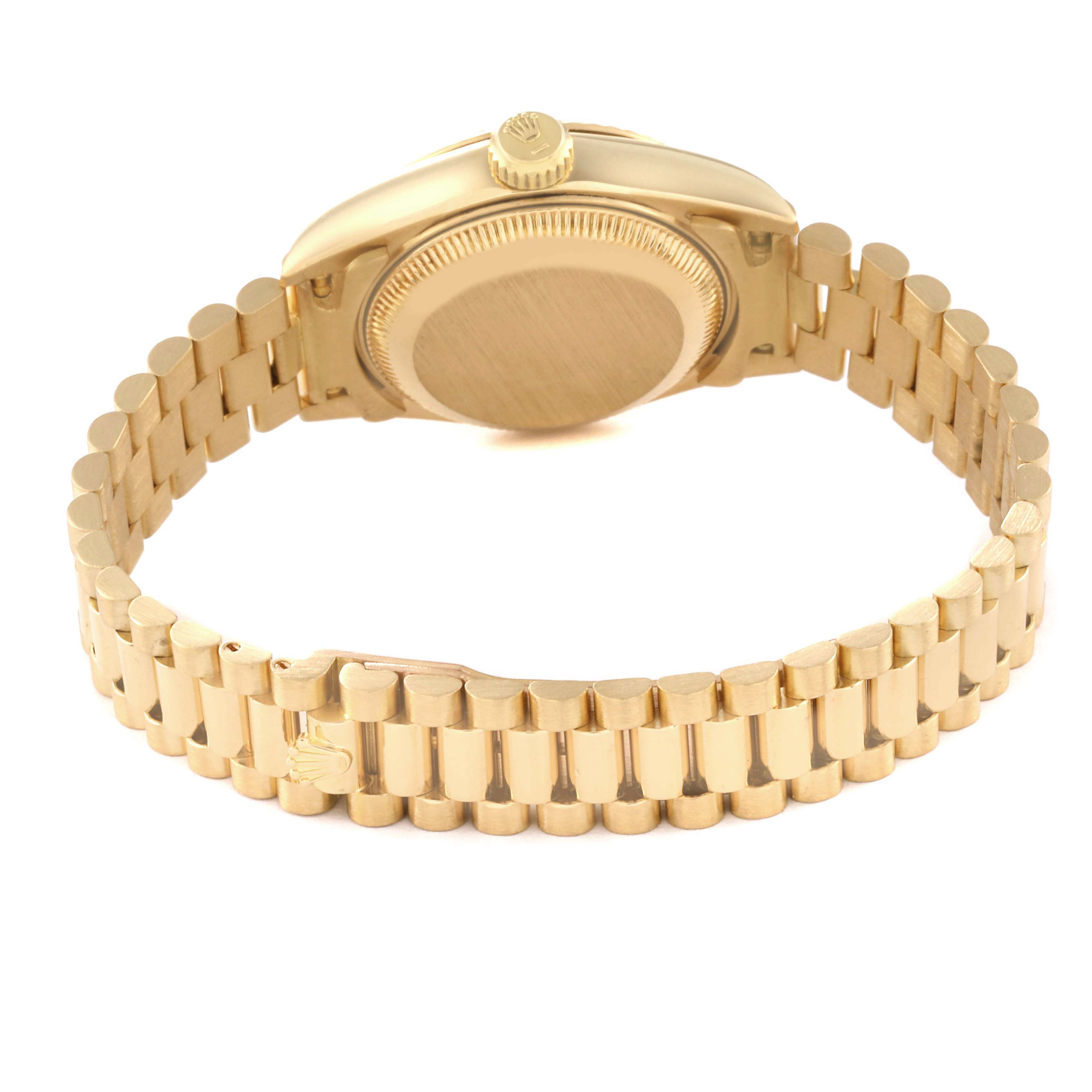 The image shows the back view of a Rolex President 69178 Women's Yellow Gold Champagne Dial 69178 Women's Yellow Gold Champagne Dial model watch, highlighting its gold case and bracelet.