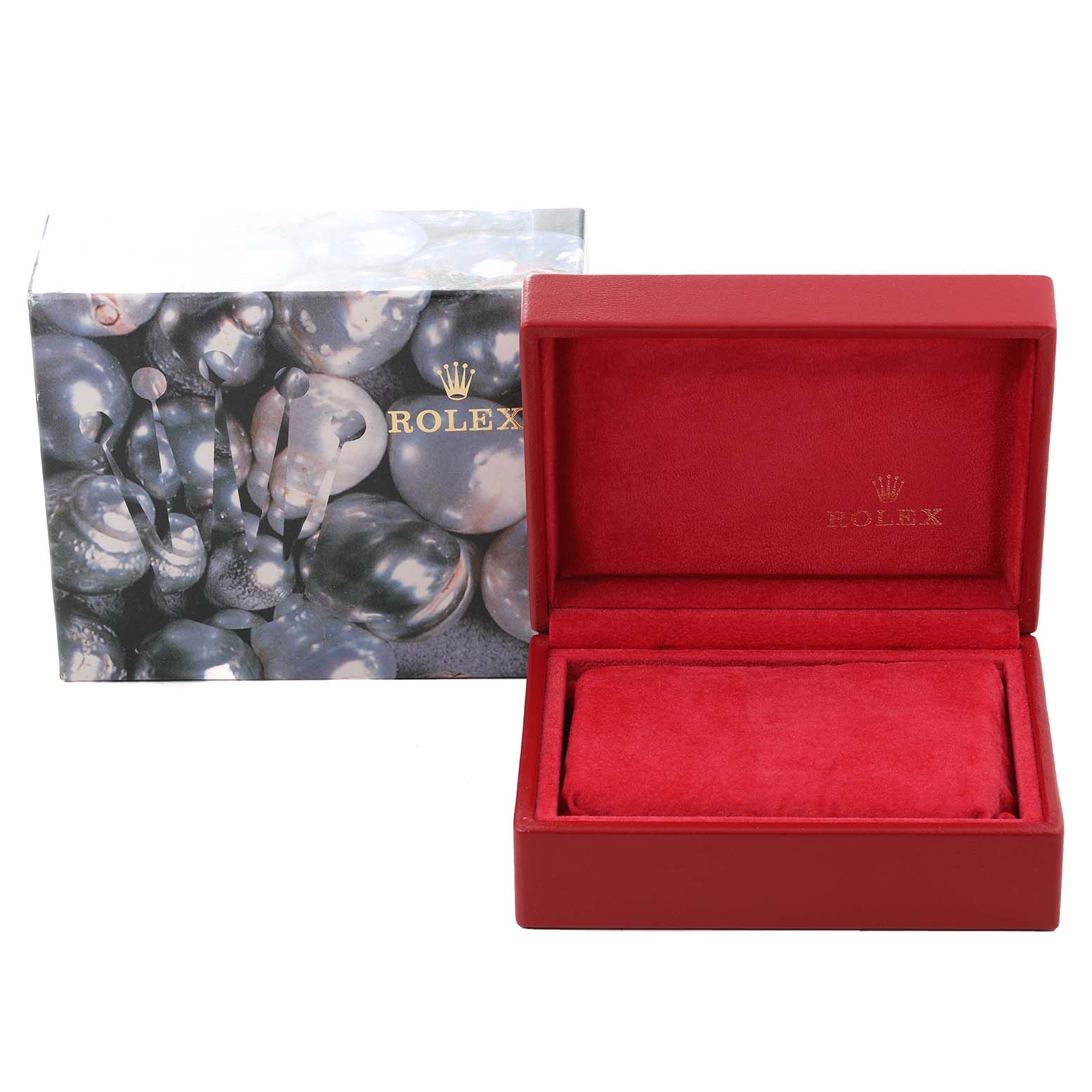 This image shows the external box and an open, empty display box for a Rolex President 69178 Women's Yellow Gold Champagne Dial 69178 Women's Yellow Gold Champagne Dial model watch.