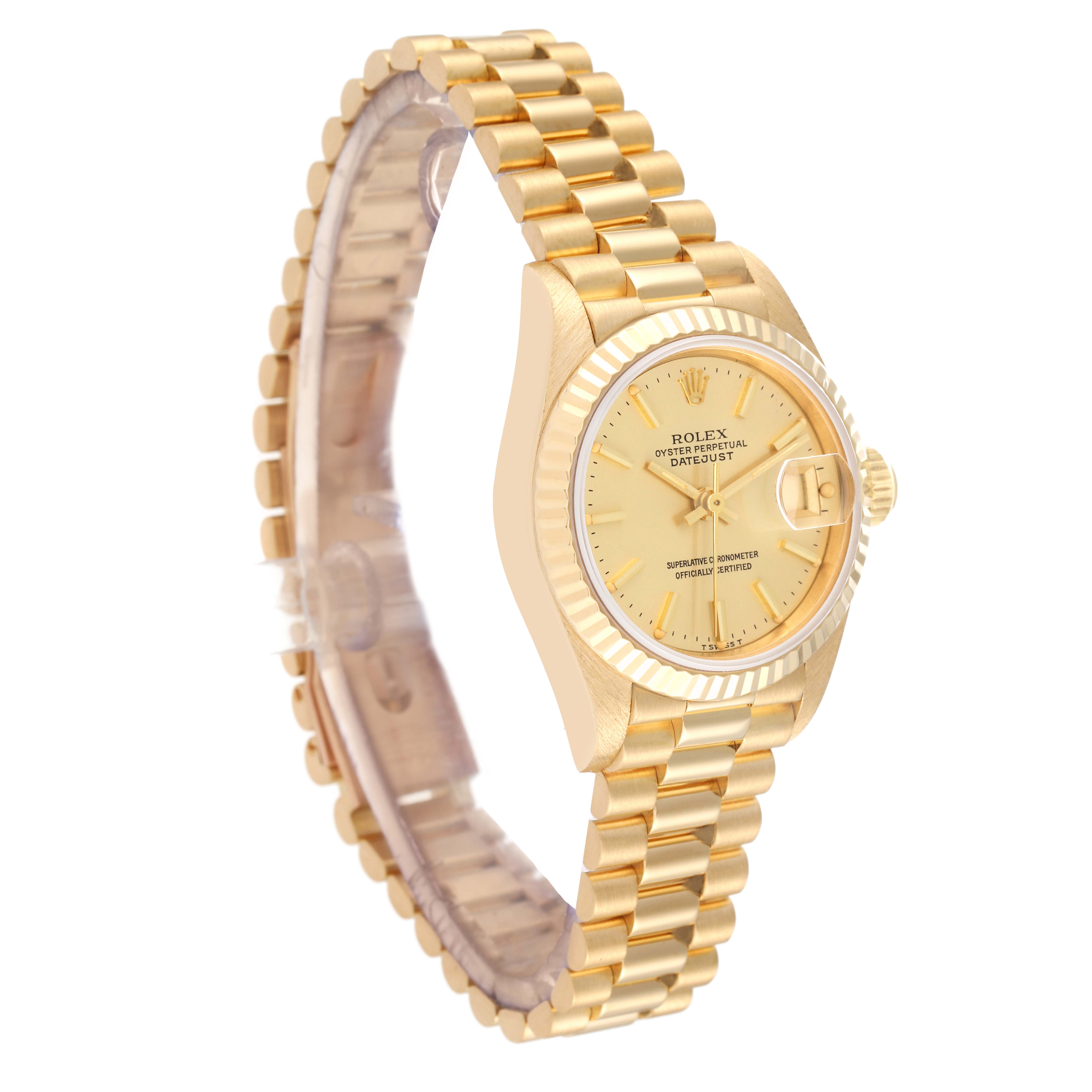 The image shows a golden Rolex President 69178 Women's Yellow Gold Champagne Dial 69178 Women's Yellow Gold Champagne Dial model watch at a three-quarter angle, highlighting the face, bracelet, and part of the bezel.