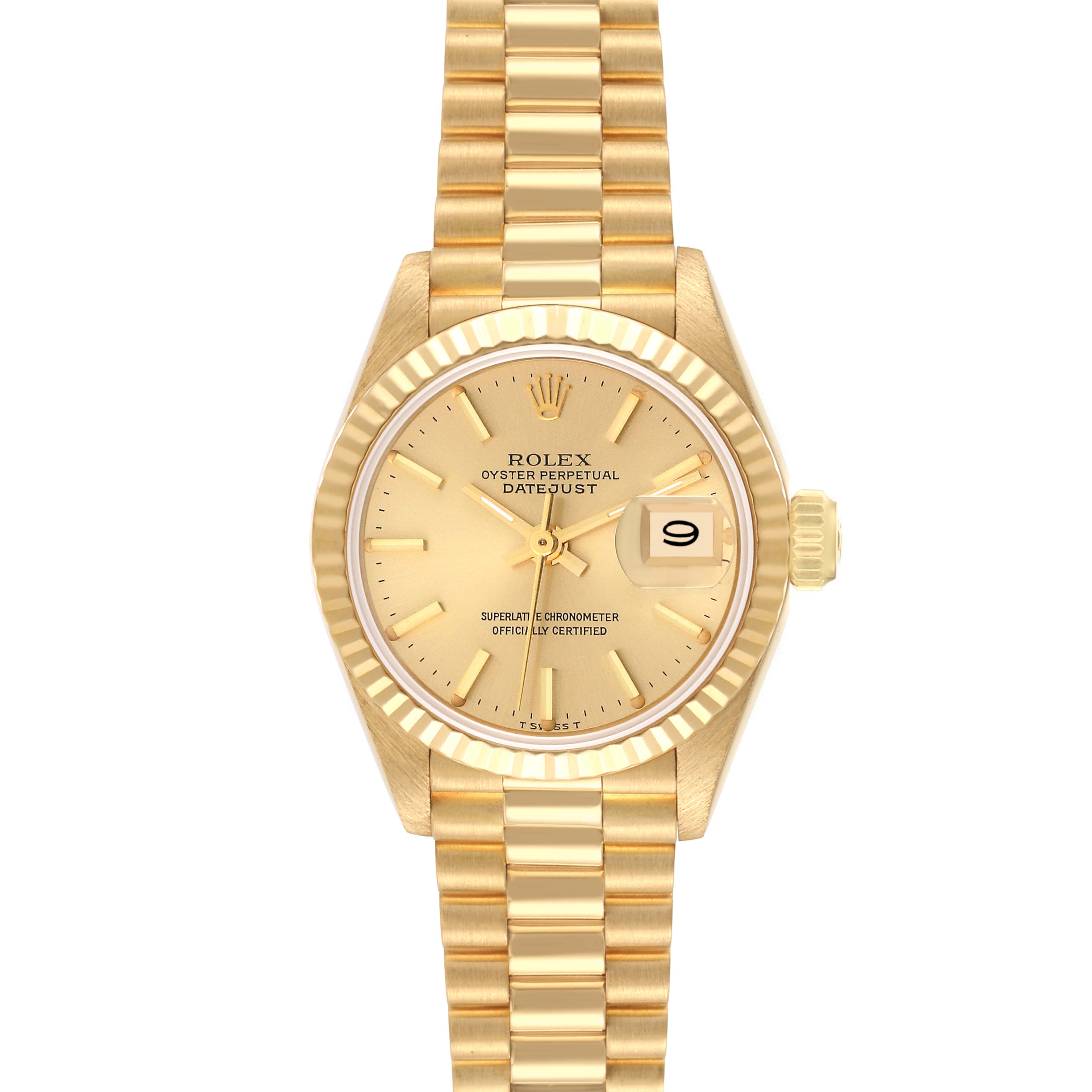 The image shows a frontal view of the Rolex President 69178 Women's Yellow Gold Champagne Dial 69178 Women's Yellow Gold Champagne Dial model watch, featuring its gold bracelet, dial, and date indicator.