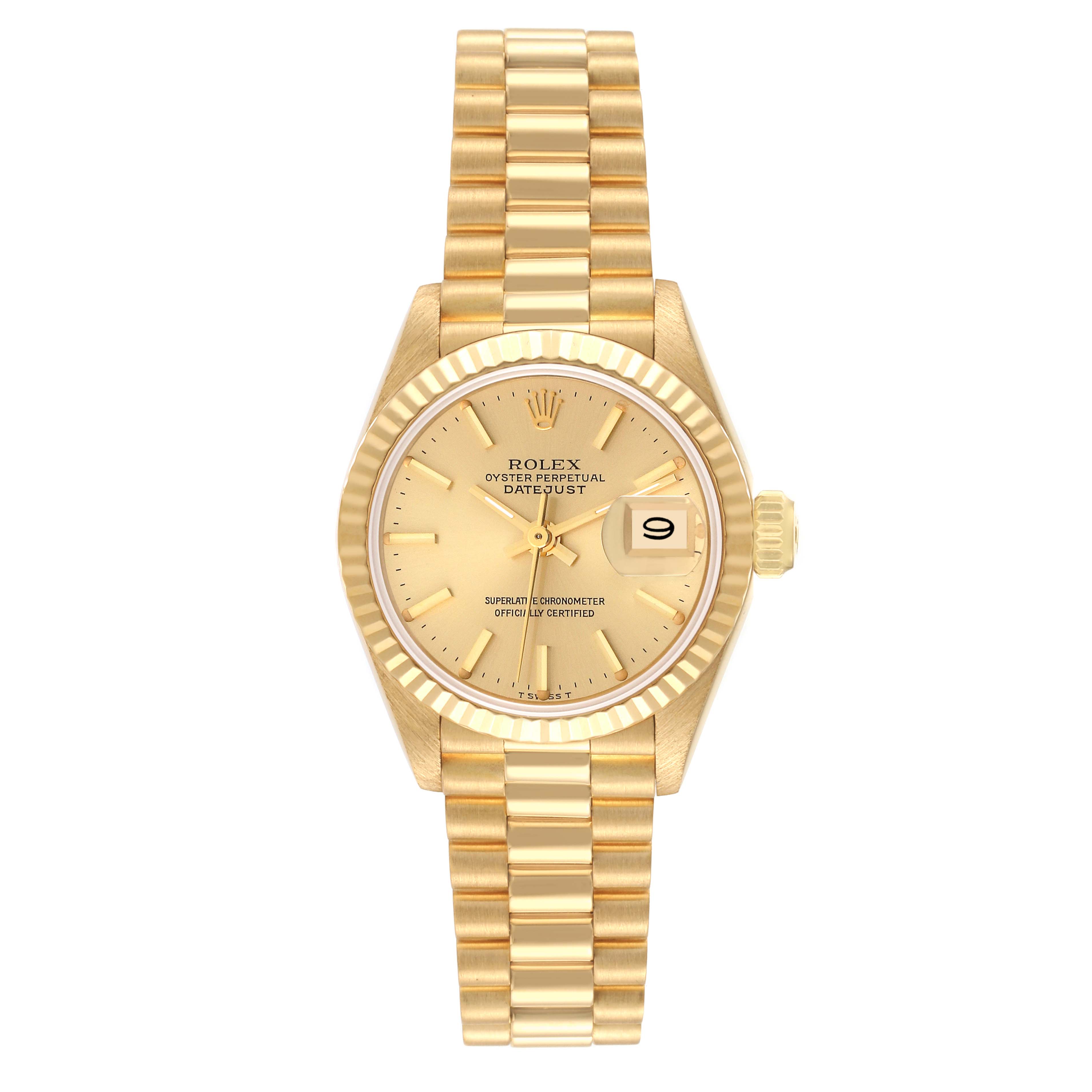 The image shows a frontal view of the Rolex President 69178 Women's Yellow Gold Champagne Dial 69178 Women's Yellow Gold Champagne Dial model watch, displaying its gold bracelet, dial, and the date window at 3 o'clock.