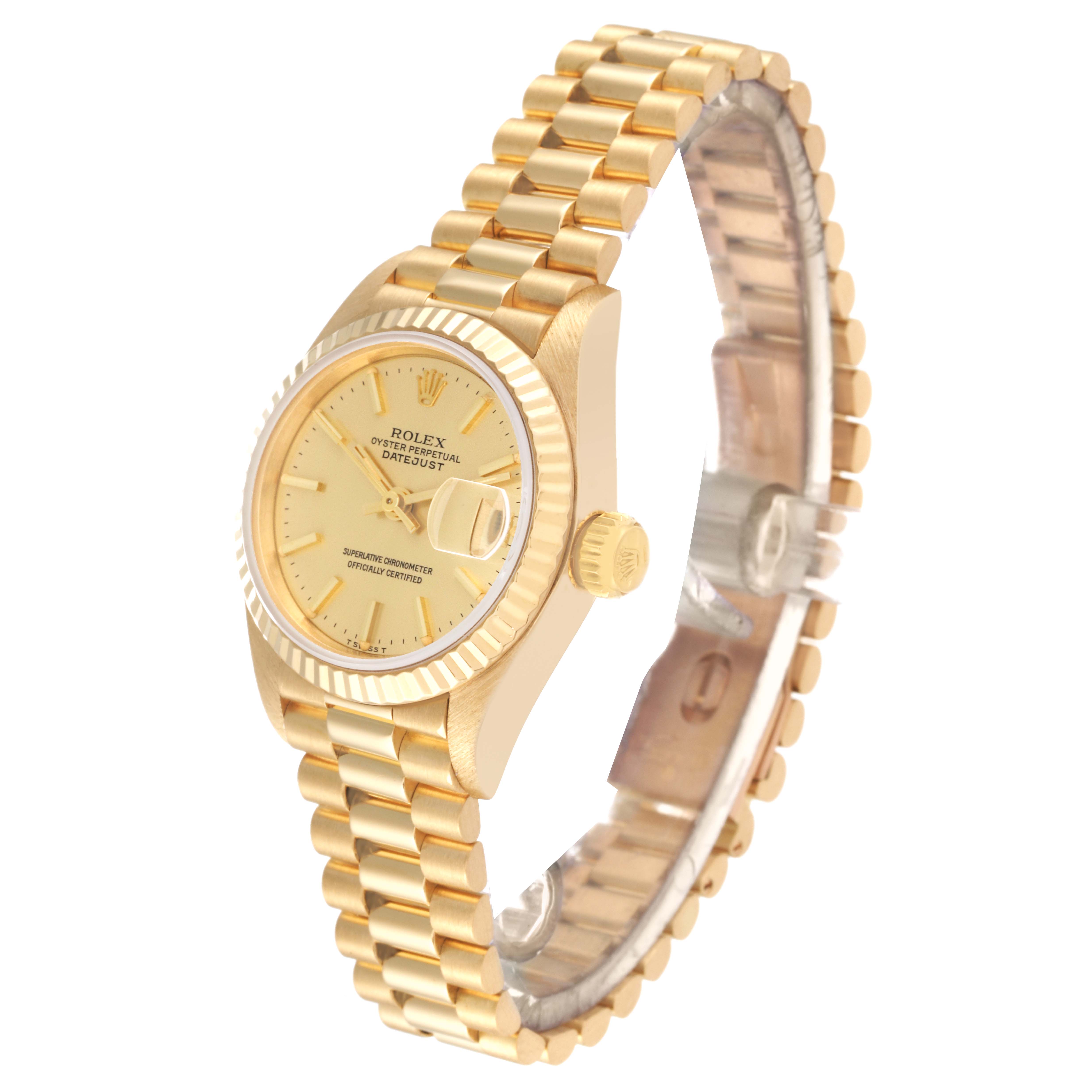 The image shows a Rolex President 69178 Women's Yellow Gold Champagne Dial 69178 Women's Yellow Gold Champagne Dial model watch angled to display the face, bracelet, bezel, and crown.